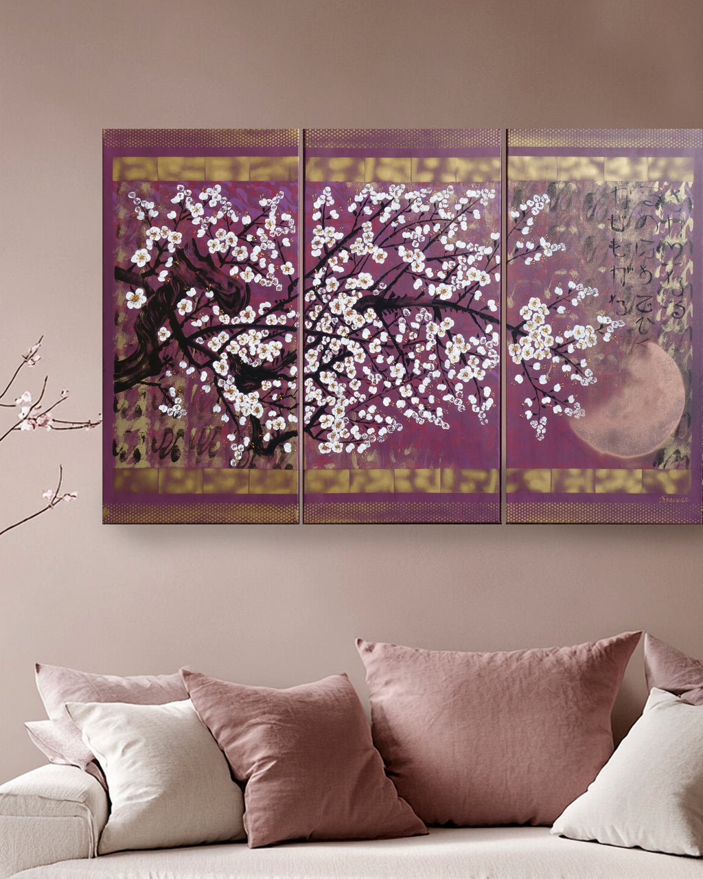 Japanese sakura J392 - large purple triptych - original paintings by Ksavera