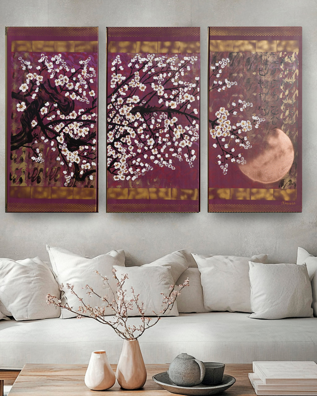 Japanese sakura J392 - large purple triptych - original paintings by Ksavera