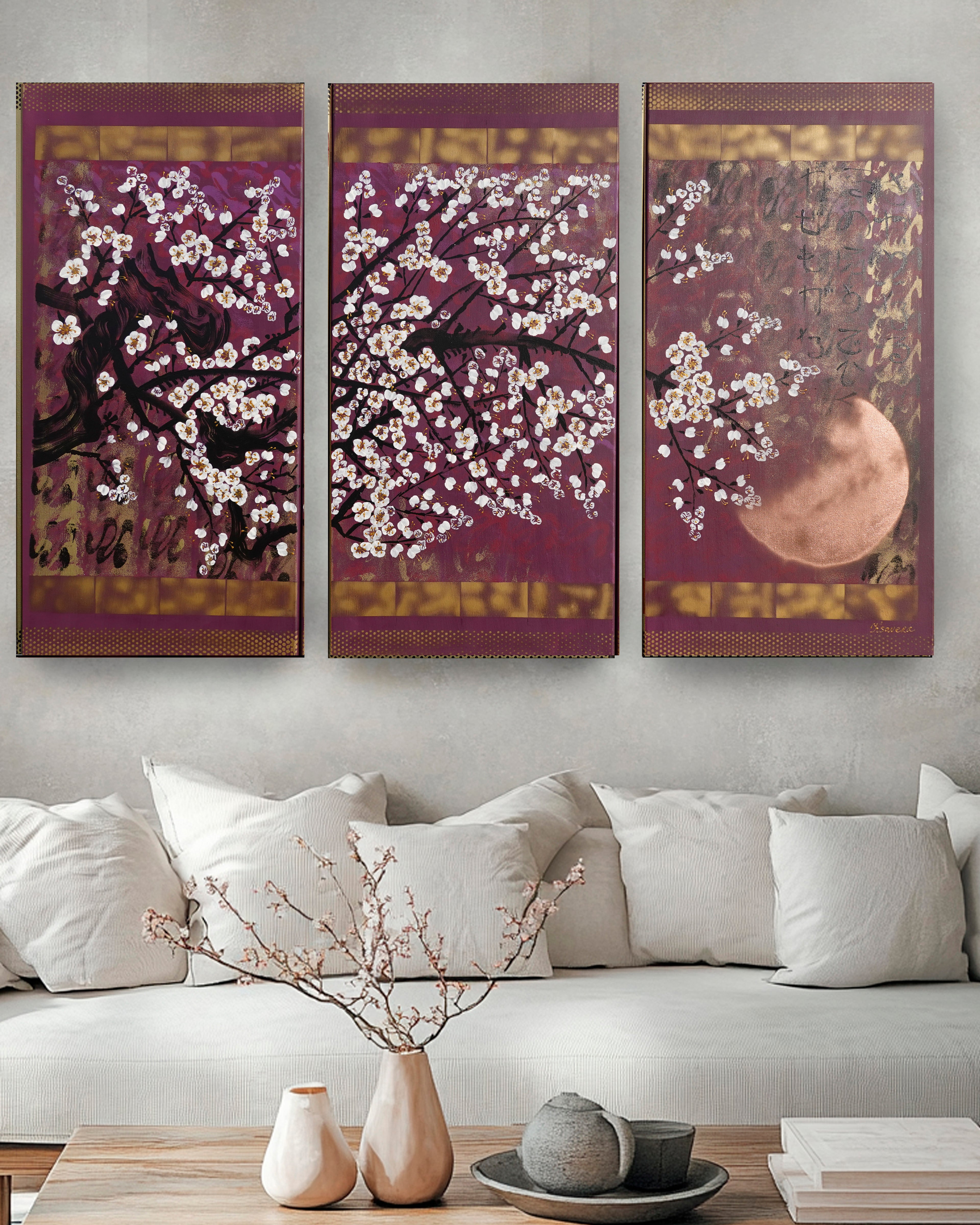Japanese sakura J392 - large purple triptych - original paintings by Ksavera