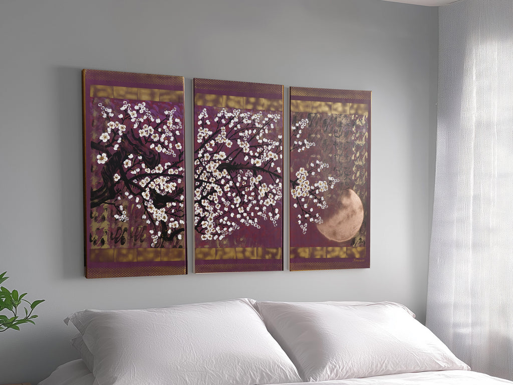 Japanese sakura J392 - large purple triptych - original paintings by Ksavera