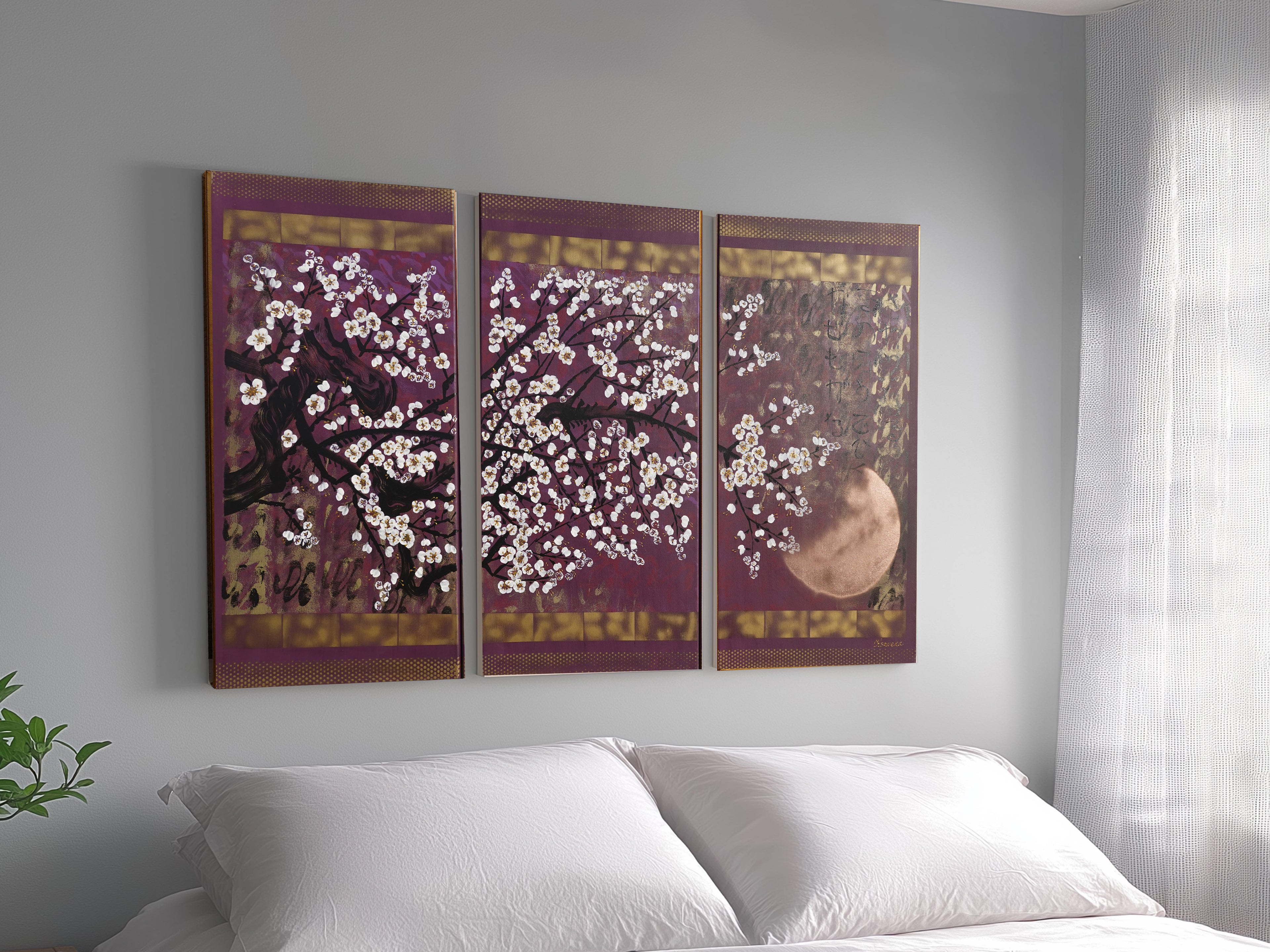 Japanese sakura J392 - large purple triptych - original paintings by Ksavera