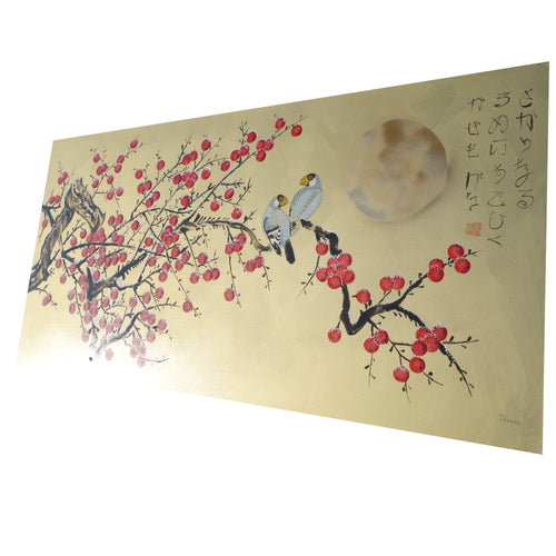 Japanese birds and apple tree J395 - gold extra large original acrylic painting on unstretched canvas by Ksavera