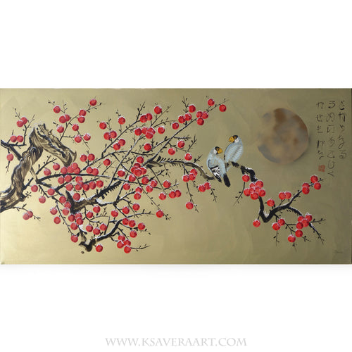 Japanese birds and apple tree J395 - gold extra large original acrylic painting on unstretched canvas by Ksavera
