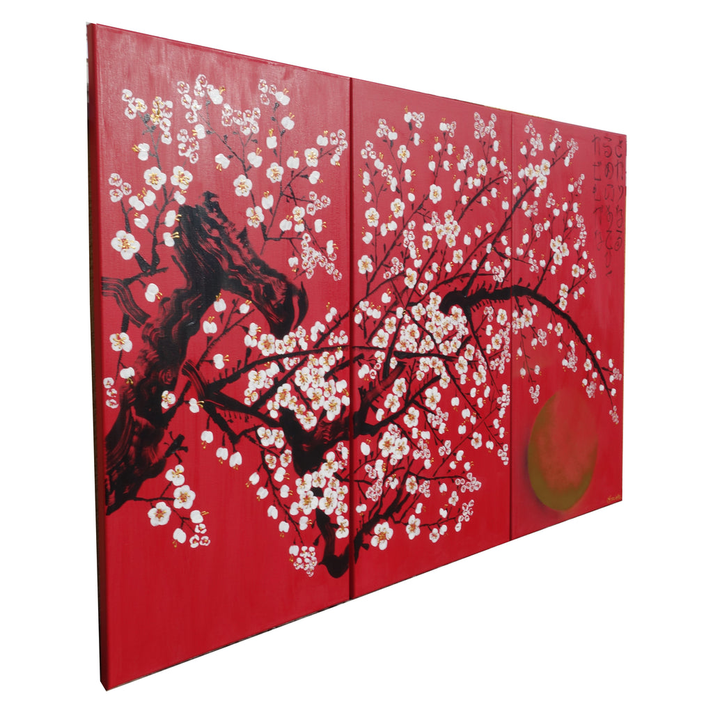 Sakura J396 est un triptyque rouge de grande taille, d'inspiration japonaise, réalisé par Ksavera.