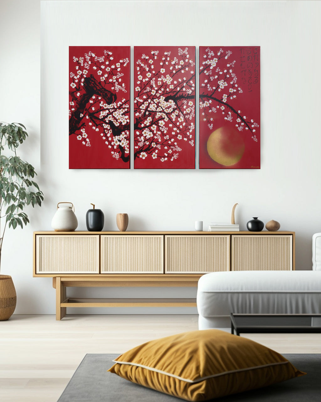 Sakura J396 est un triptyque rouge de grande taille, d'inspiration japonaise, réalisé par Ksavera.