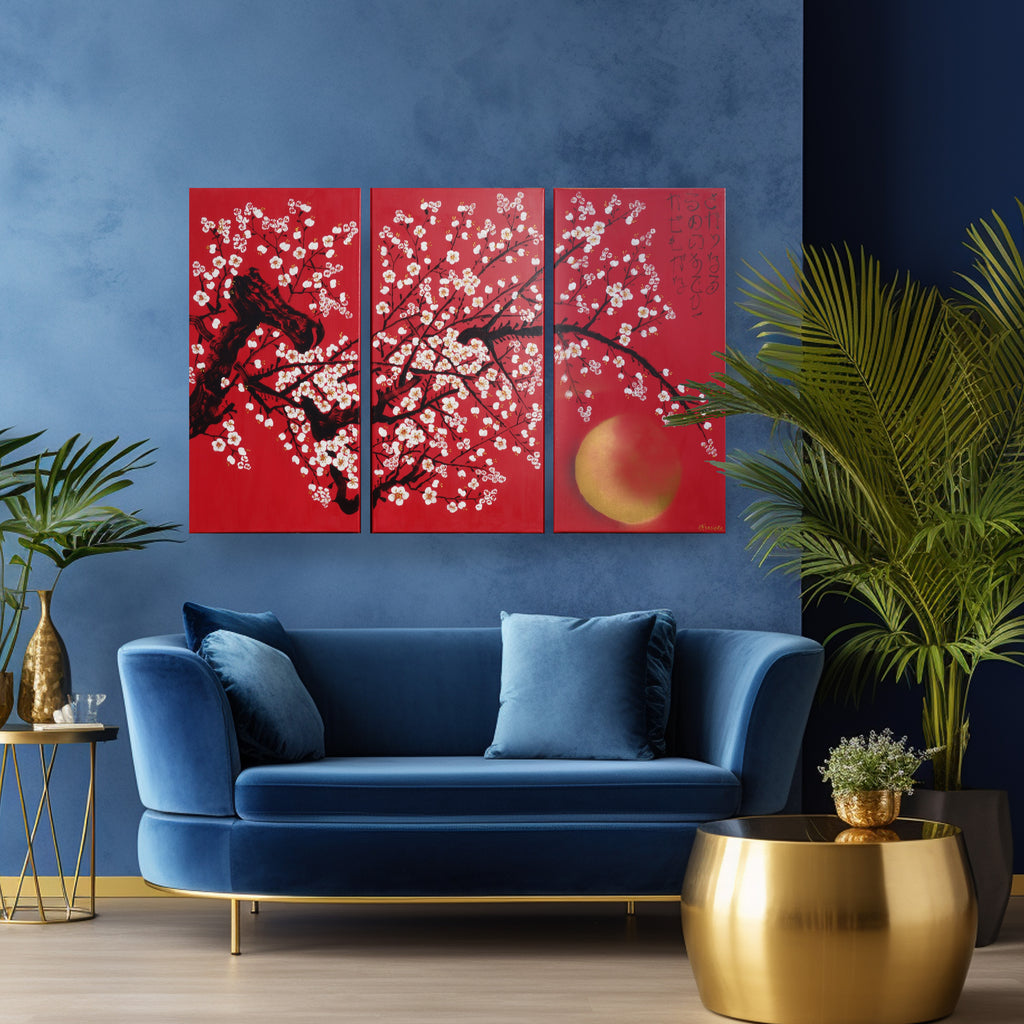 Sakura J396 est un triptyque rouge de grande taille, d'inspiration japonaise, réalisé par Ksavera.