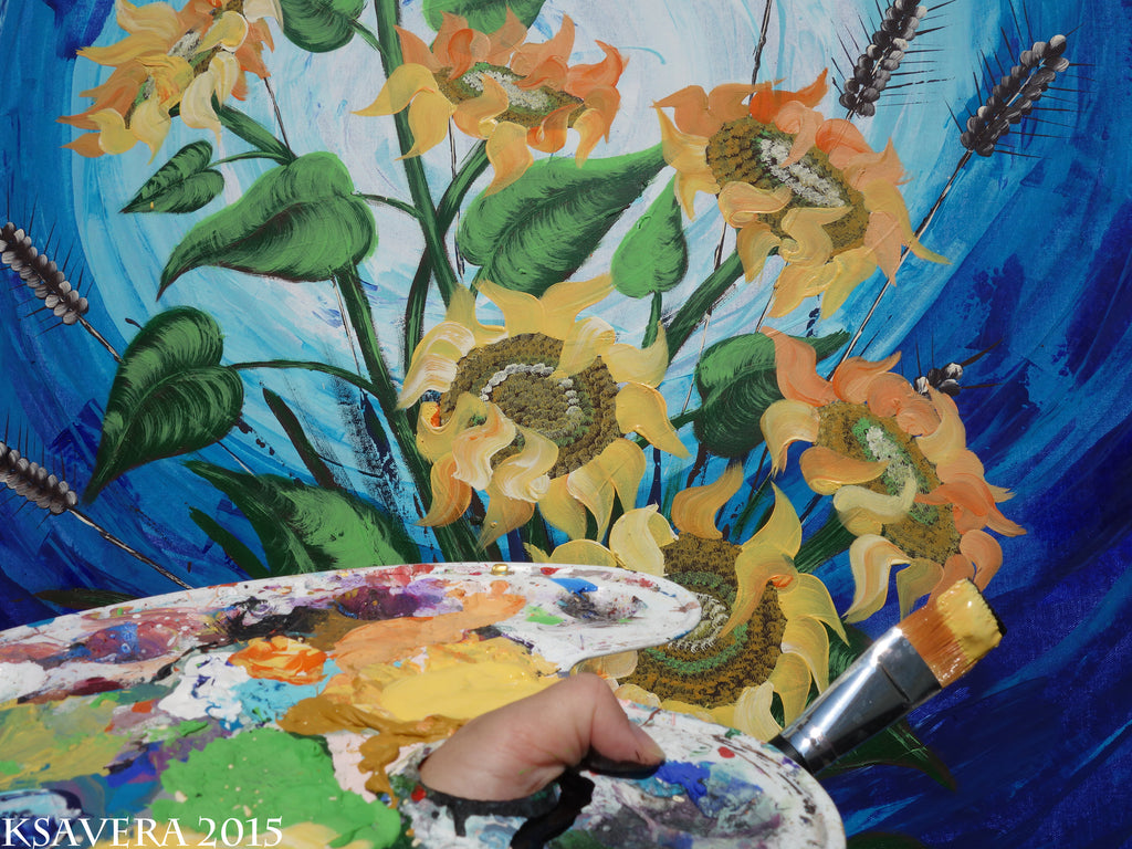 Sunflowers B047 is a large-scale still life blue impasto palette knife Original Acrylic Painting on unstretched canvas by artist Ksavera.