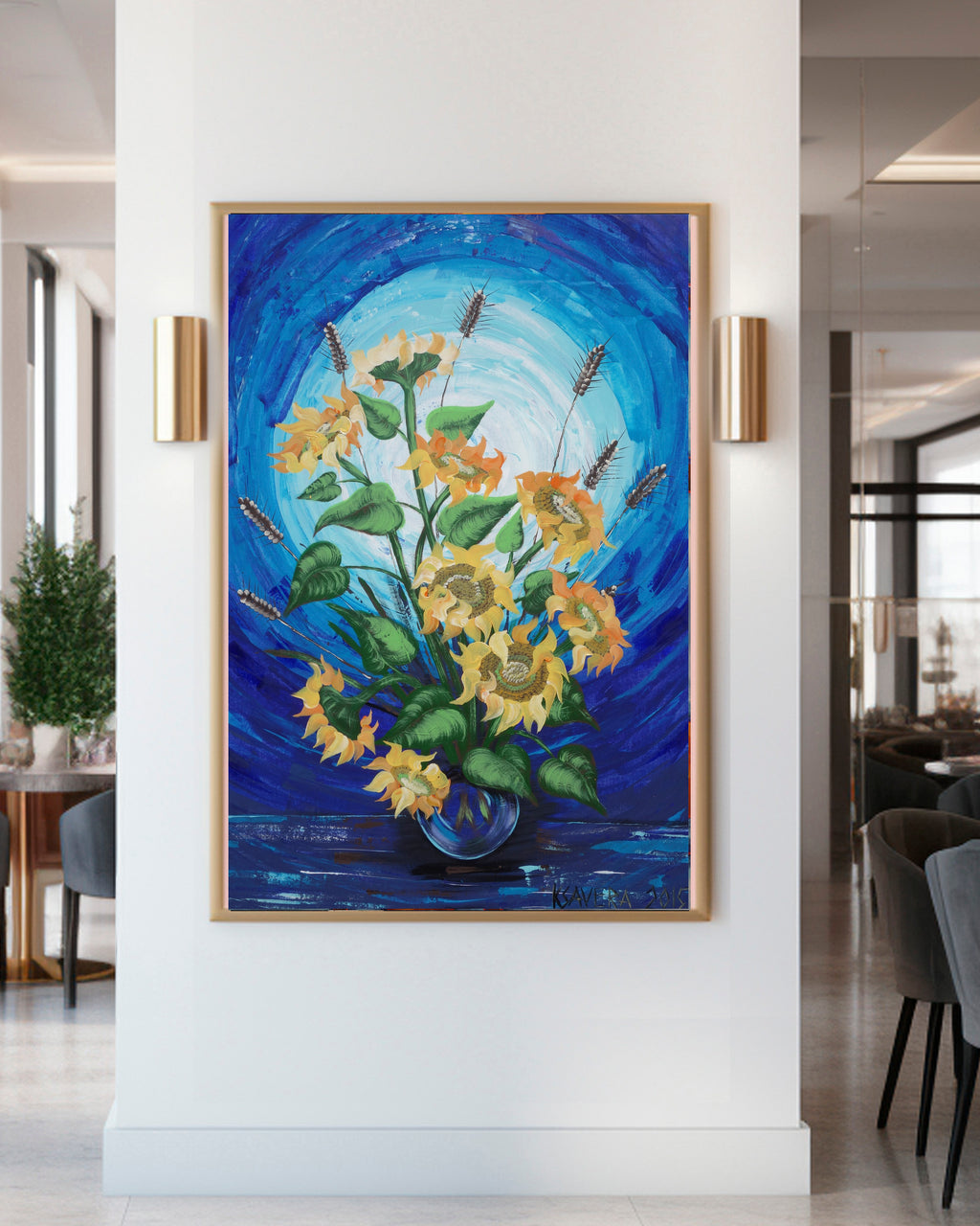 Sunflowers B047 is a large-scale still life blue impasto palette knife Original Acrylic Painting on unstretched canvas by artist Ksavera.