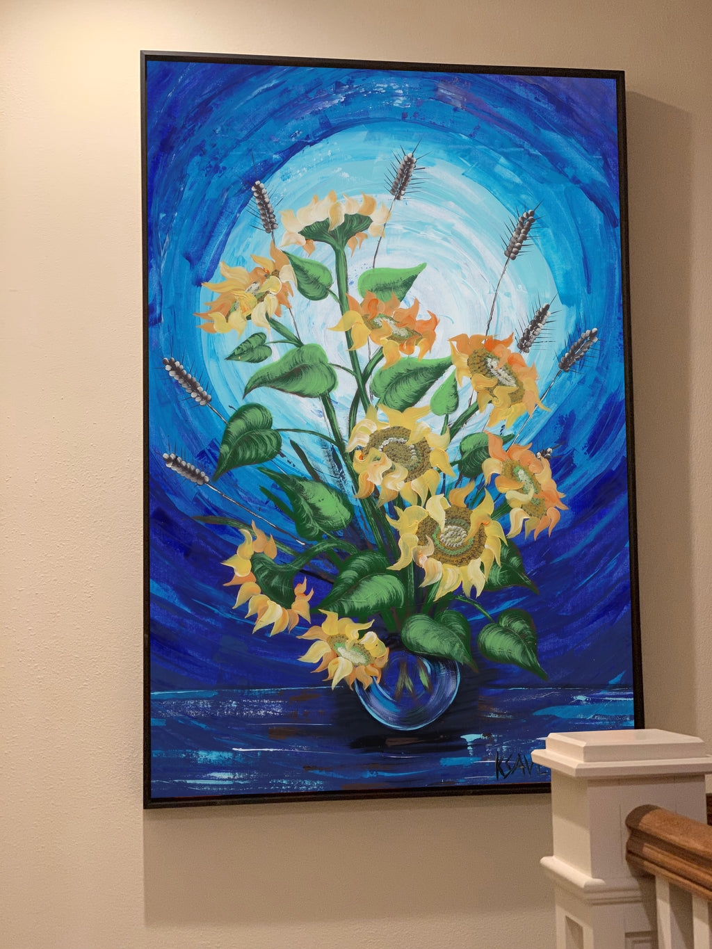 Sunflowers B047 is a large-scale still life blue impasto palette knife Original Acrylic Painting on unstretched canvas by artist Ksavera.