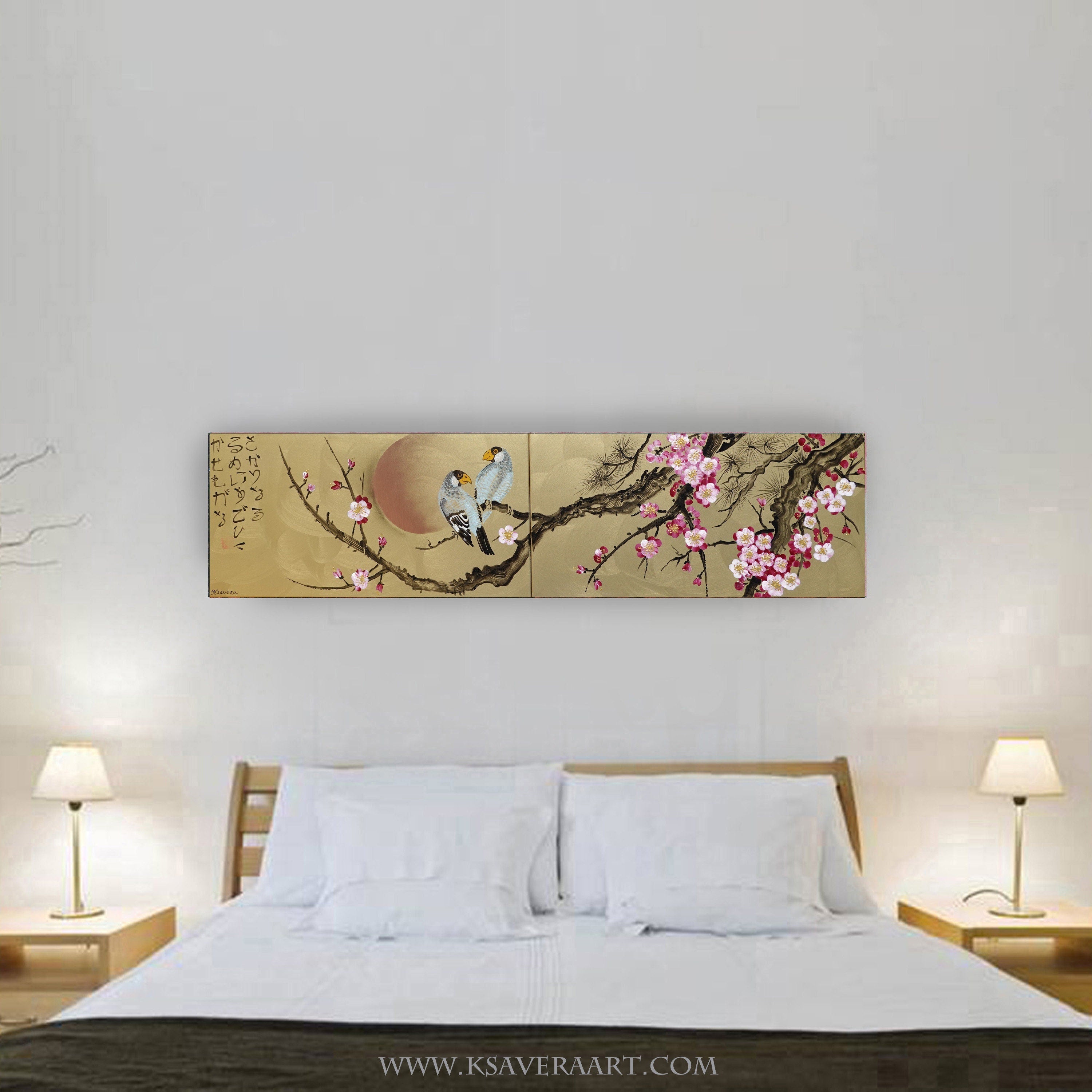 Sakura and love birds J247 - japanese gold diptych - original acrylic paintings by artist Ksavera