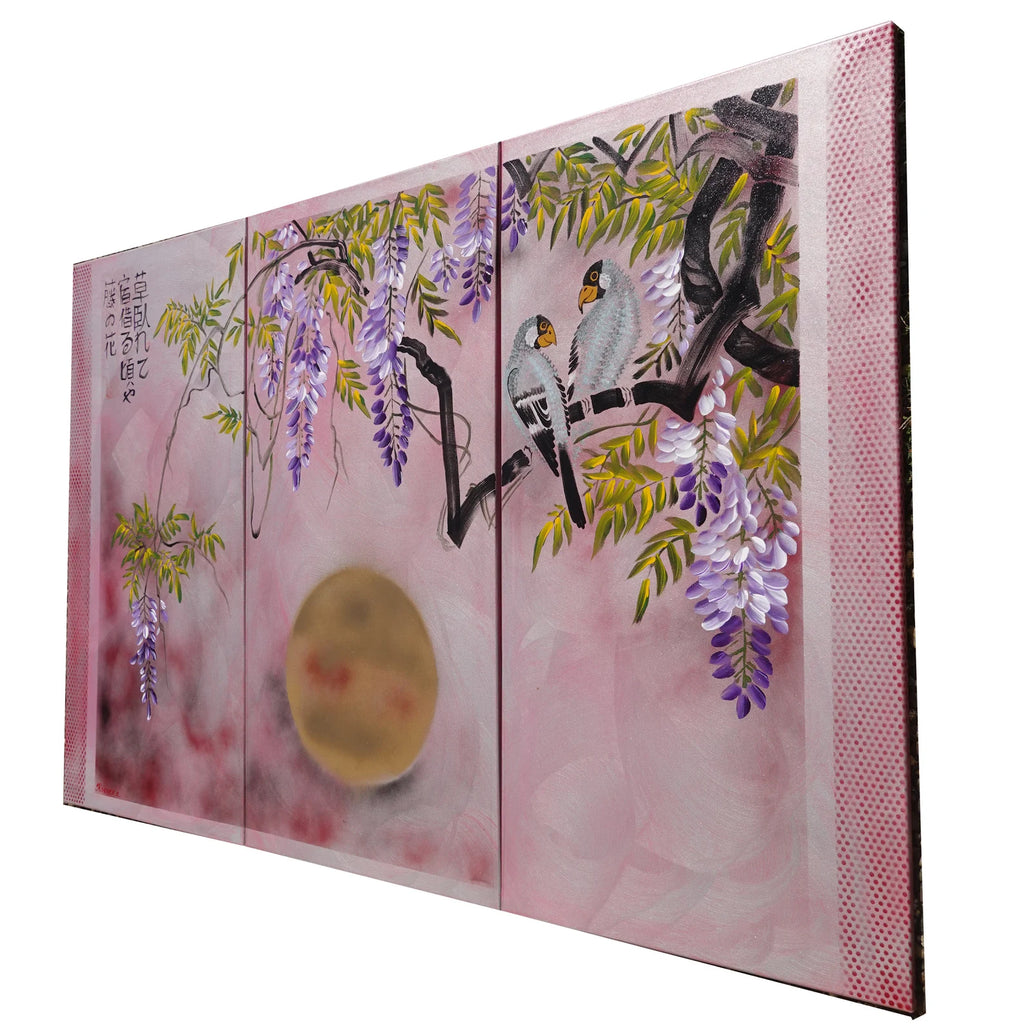 Glycine J241 — Triptyque de roses japonaises - Peinture acrylique originale de Ksavera