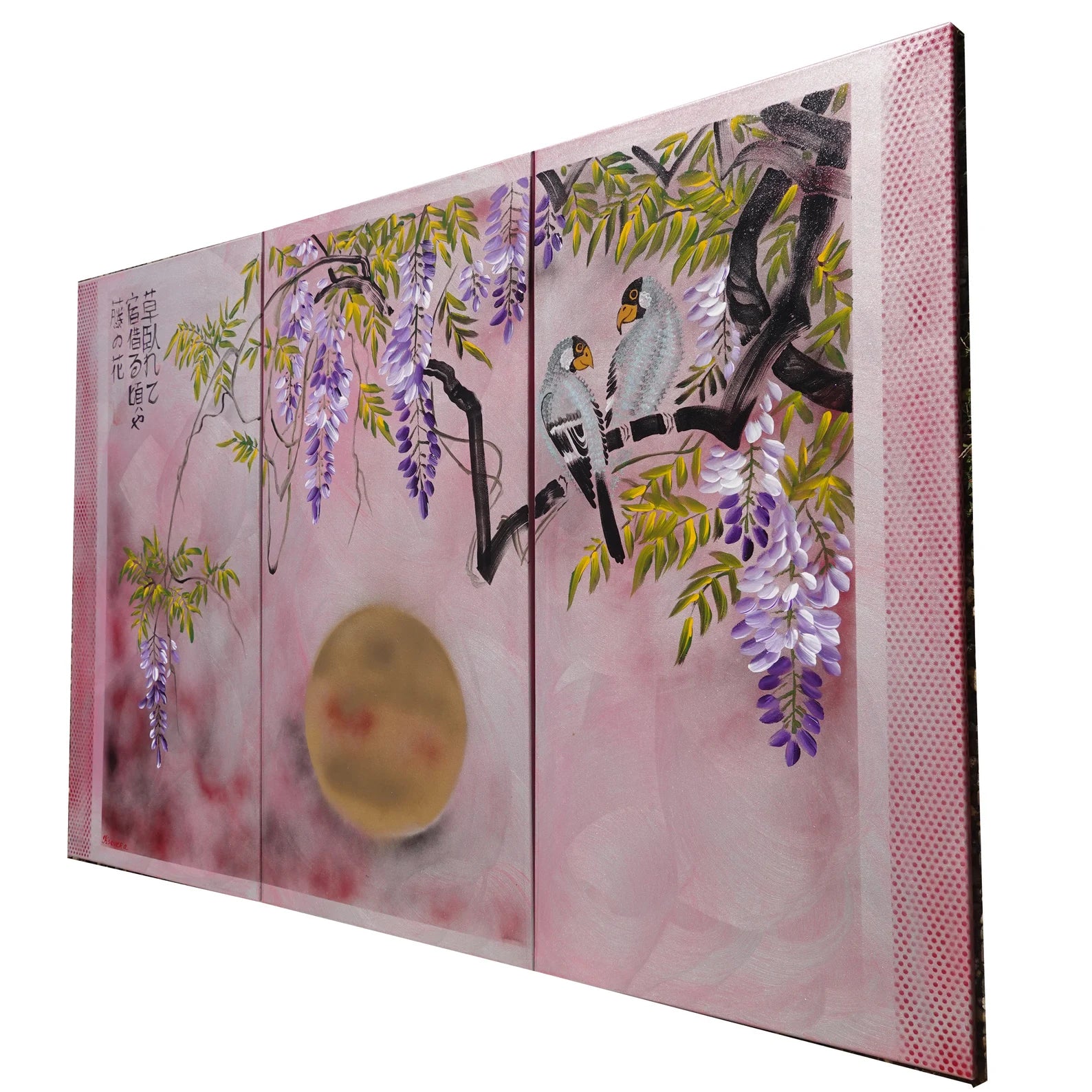 Glycine J241 — Triptyque de roses japonaises - Peinture acrylique originale de Ksavera