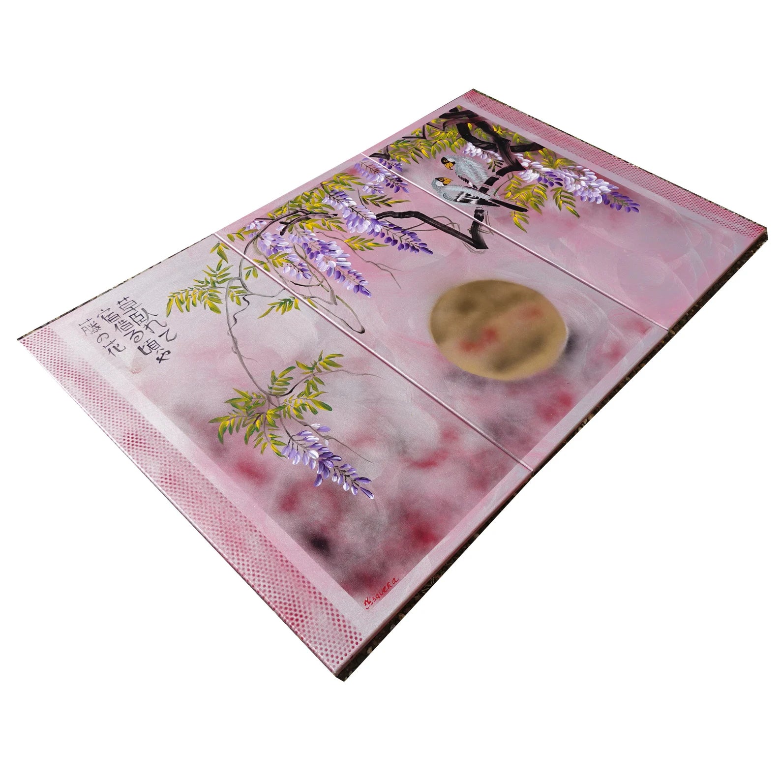 Glycine J241 — Triptyque de roses japonaises - Peinture acrylique originale de Ksavera