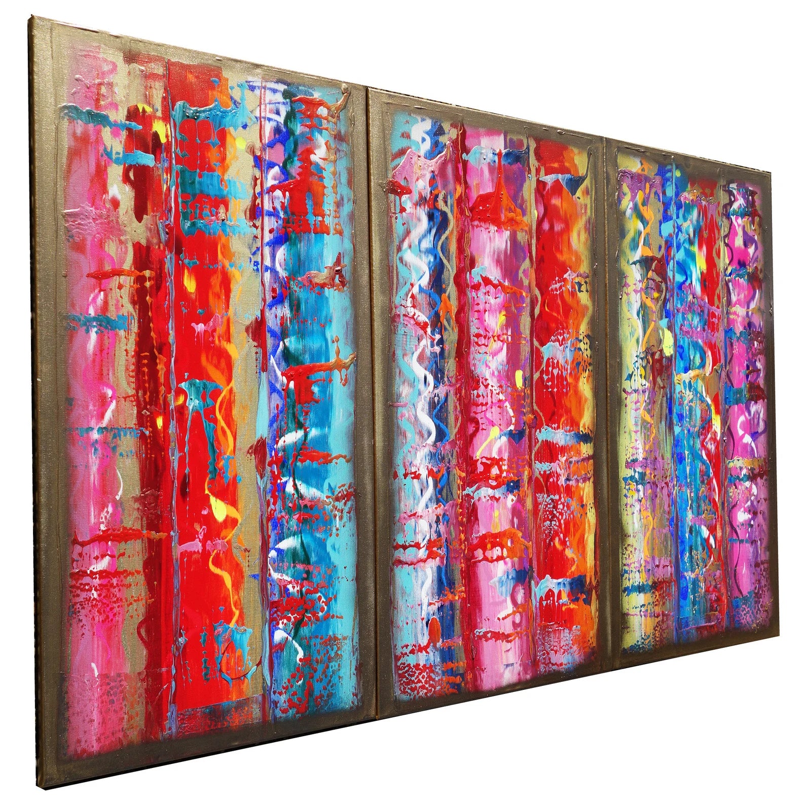 Gold colorful Paintings “Abstract A459” - Large palette knife Triptych by Ksavera