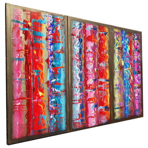 Gold colorful Paintings “Abstract A459” - Large palette knife Triptych by Ksavera