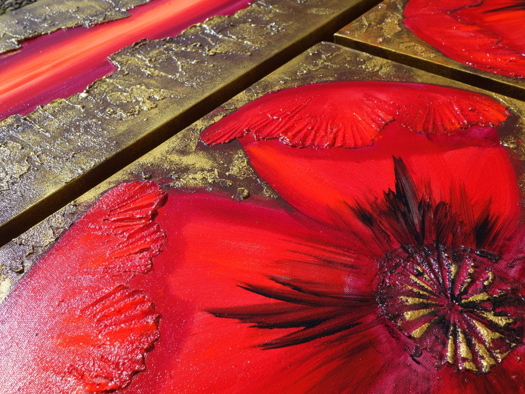 Red gold abstract Paintings “Poppies A049” — Large textured quadriptych
Original Acrylic Painting on Stretched deep Canvas by Artist Ksavera
