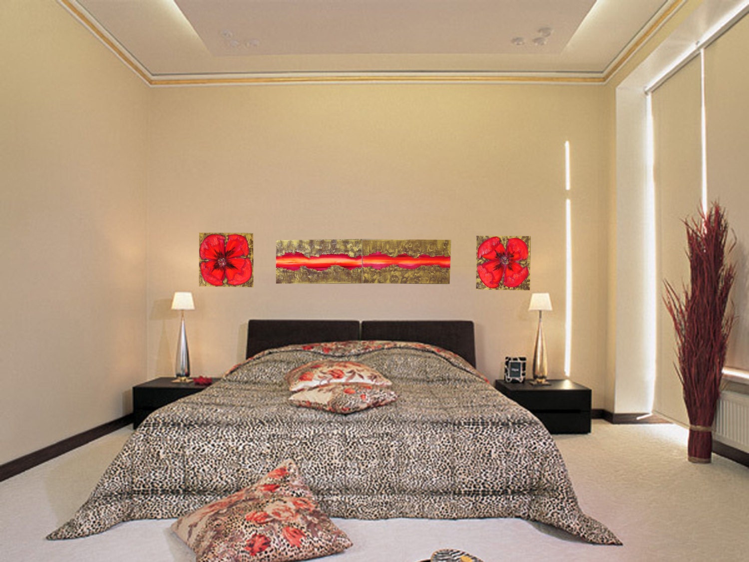 Red gold abstract Paintings “Poppies A049” — Large textured quadriptych
Original Acrylic Painting on Stretched deep Canvas by Artist Ksavera