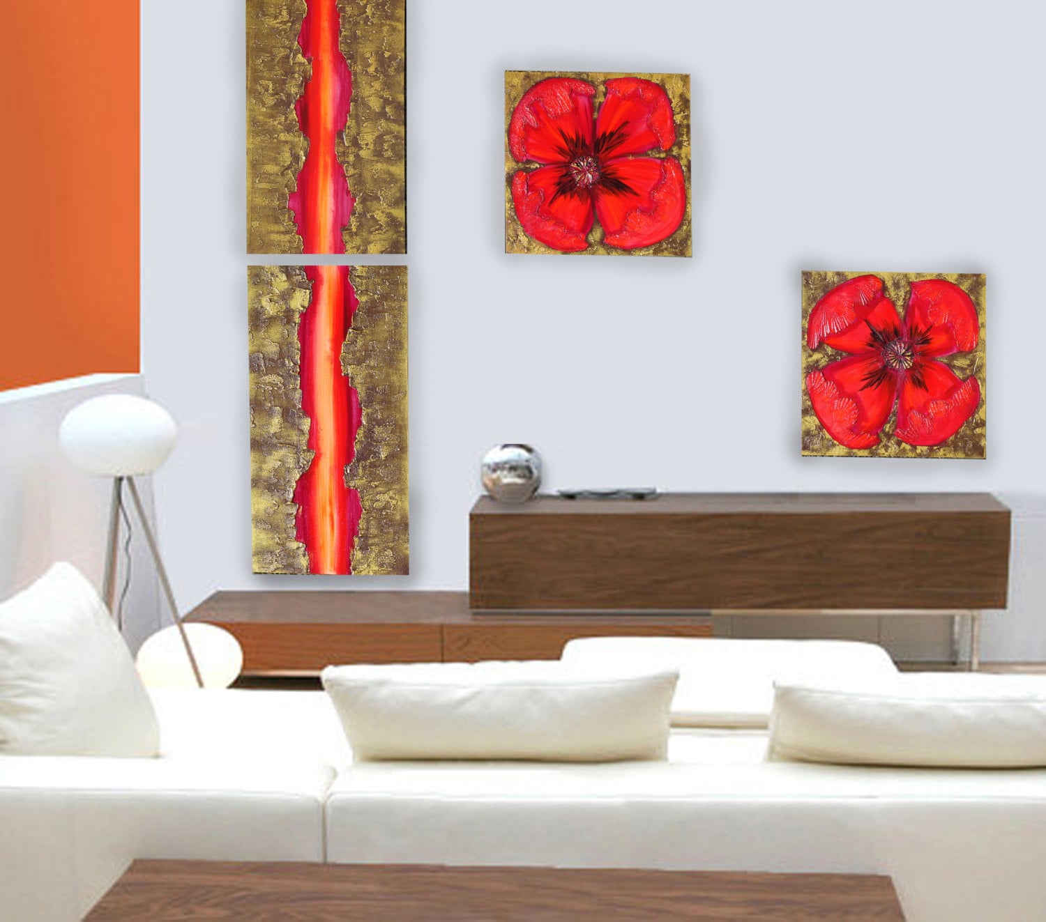 Red gold abstract Paintings “Poppies A049” — Large textured quadriptych
Original Acrylic Painting on Stretched deep Canvas by Artist Ksavera