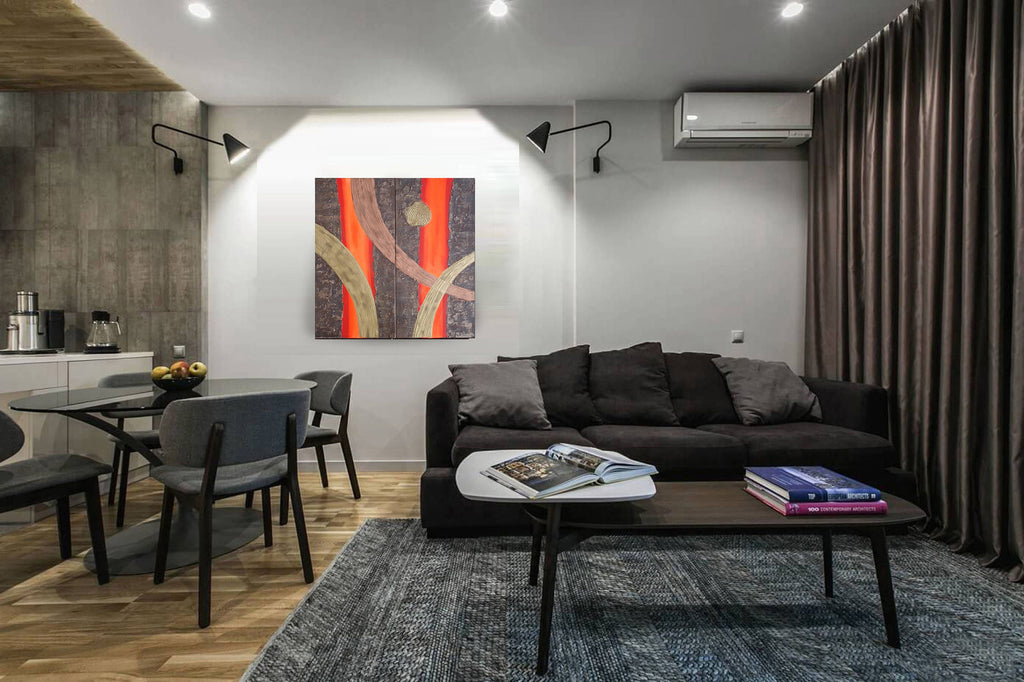 Rusty Red Paintings “Abstract A108” — Textured Long Diptych by Ksavera