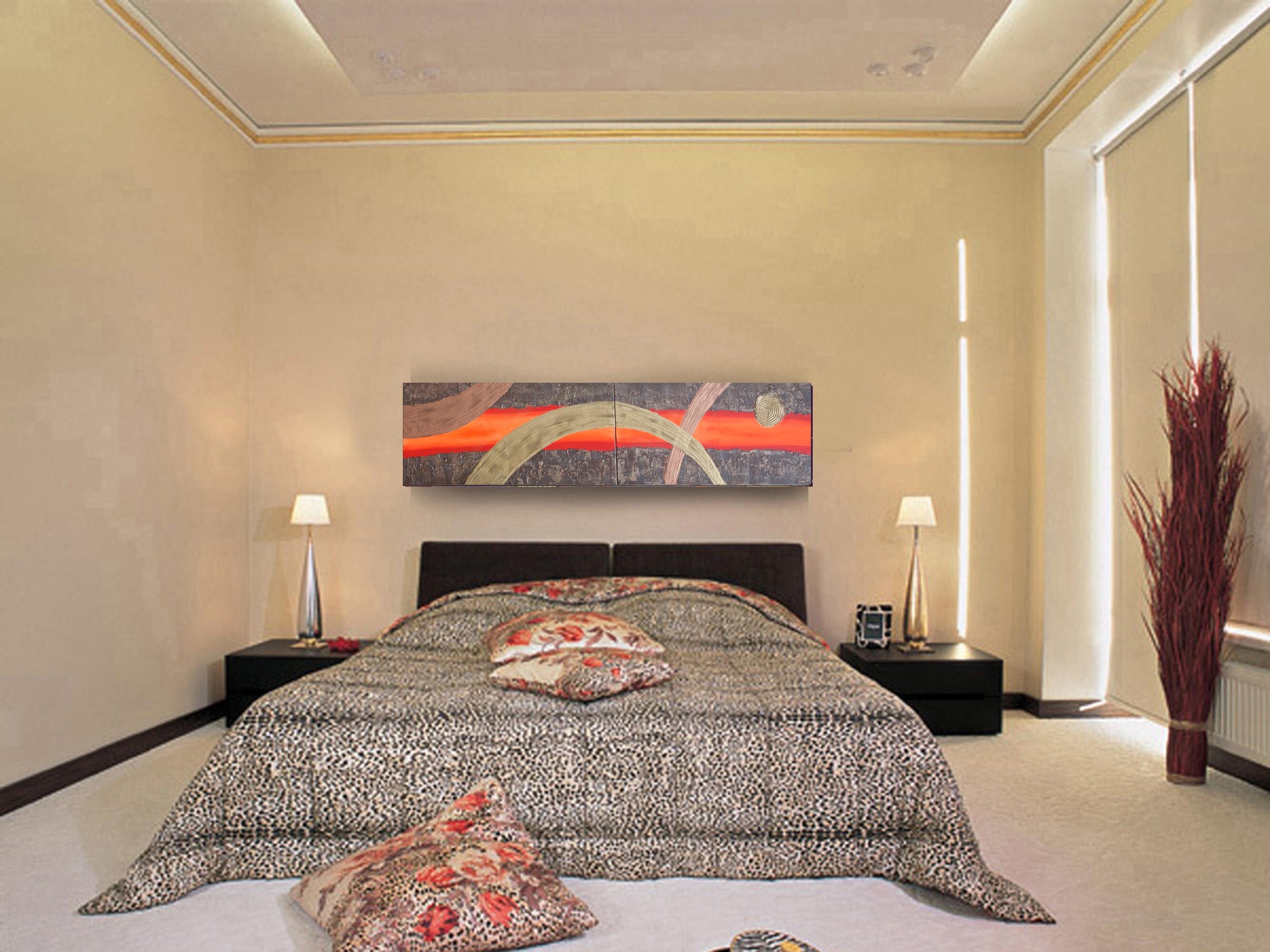 Rusty Red Paintings “Abstract A108” — Textured Long Diptych by Ksavera