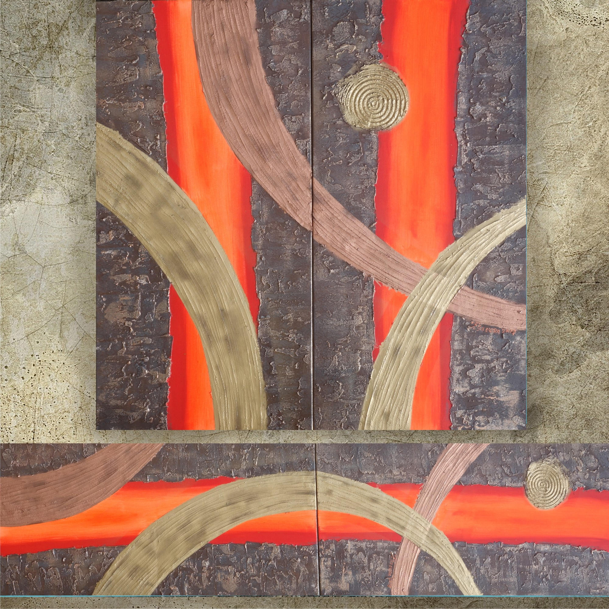 Rusty Red Paintings “Abstract A108” — Textured Long Diptych by Ksavera