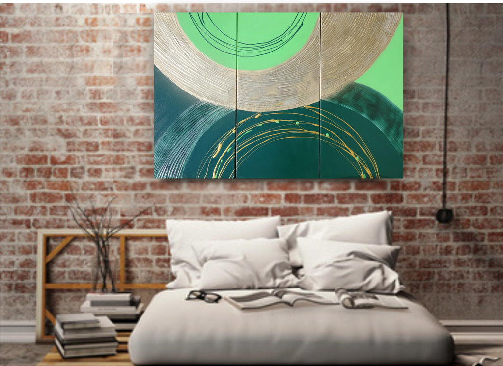 Peintures or vert « Abstrait A056 » — Grand triptyque texturé de Ksavera