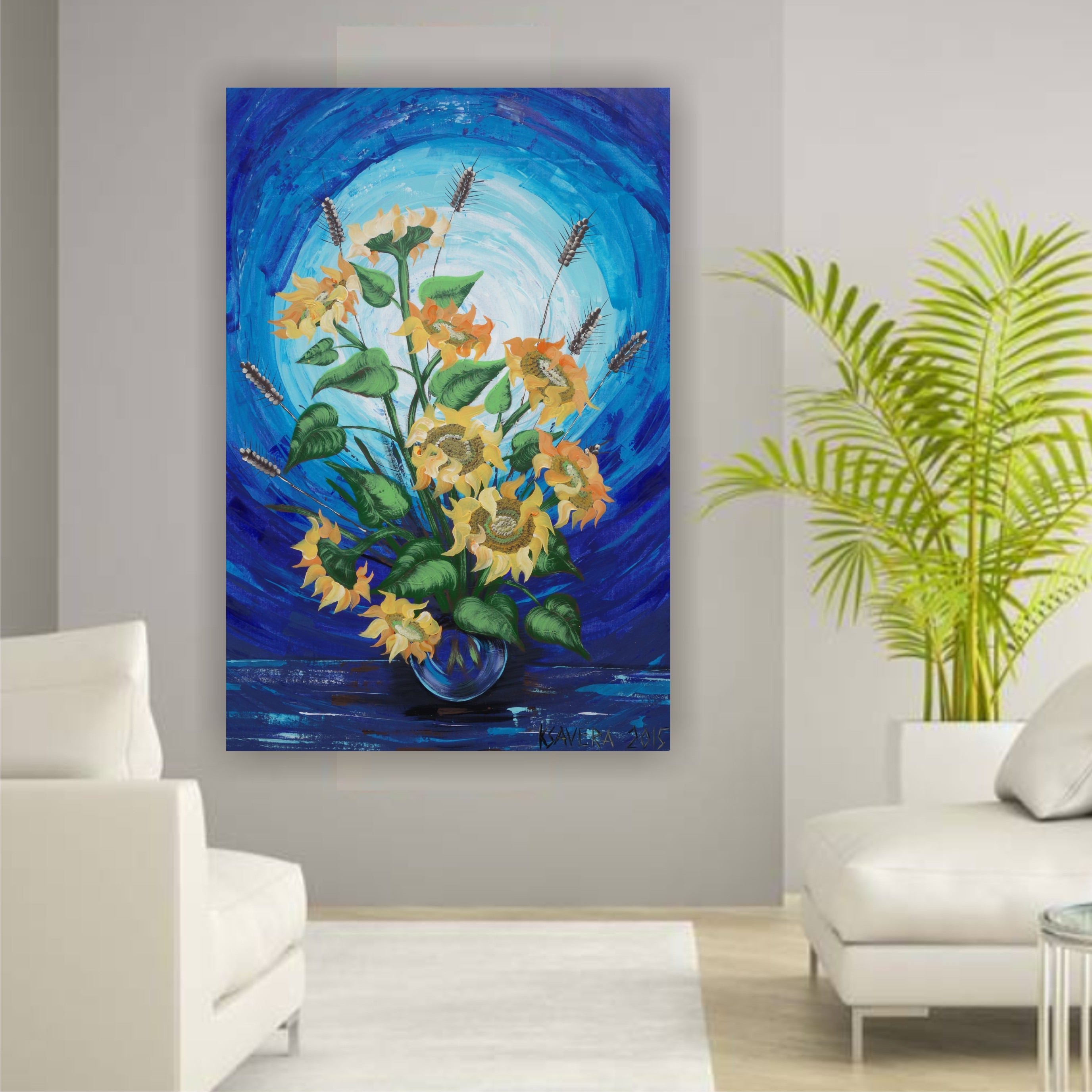 Sunflowers B047 is a large-scale still life blue impasto palette knife Original Acrylic Painting on unstretched canvas by artist Ksavera.