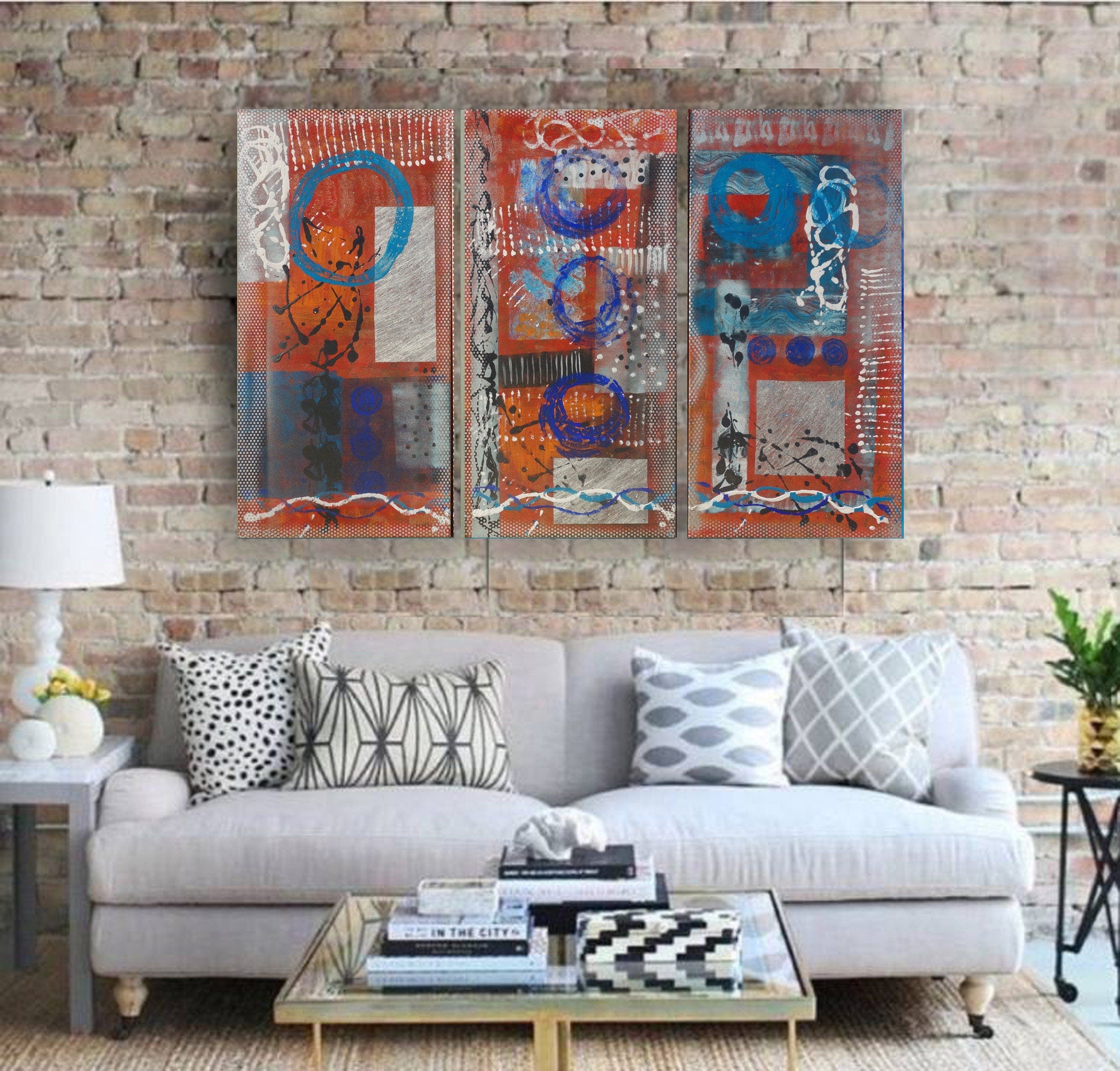 Silver Brick red Paintings “Abstract A221” - Large original Triptych by Ksavera