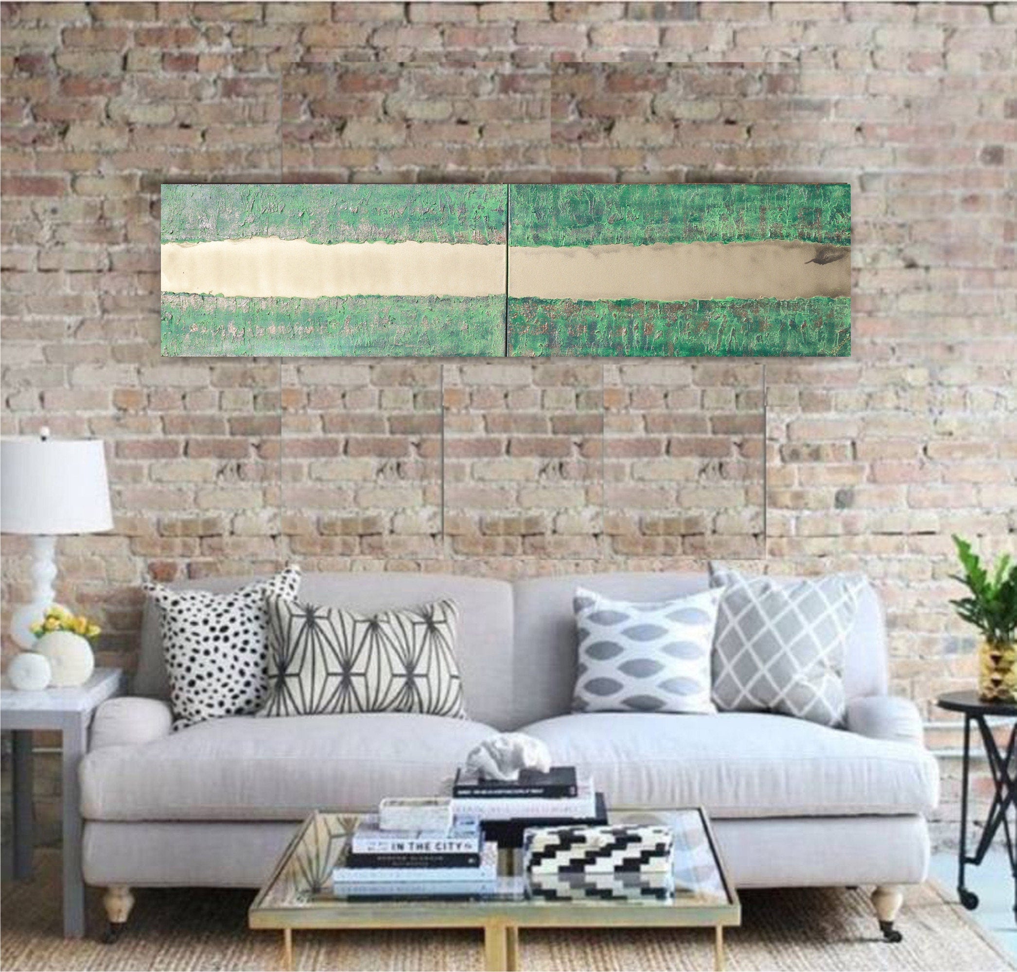 Gold green Paintings “Abstract A248” - Textured Long Diptych by Ksavera