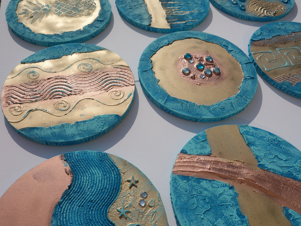 Gold Blue Abstract Painting A290 - Set of 9 Original Textured round Paintings by Ksavera