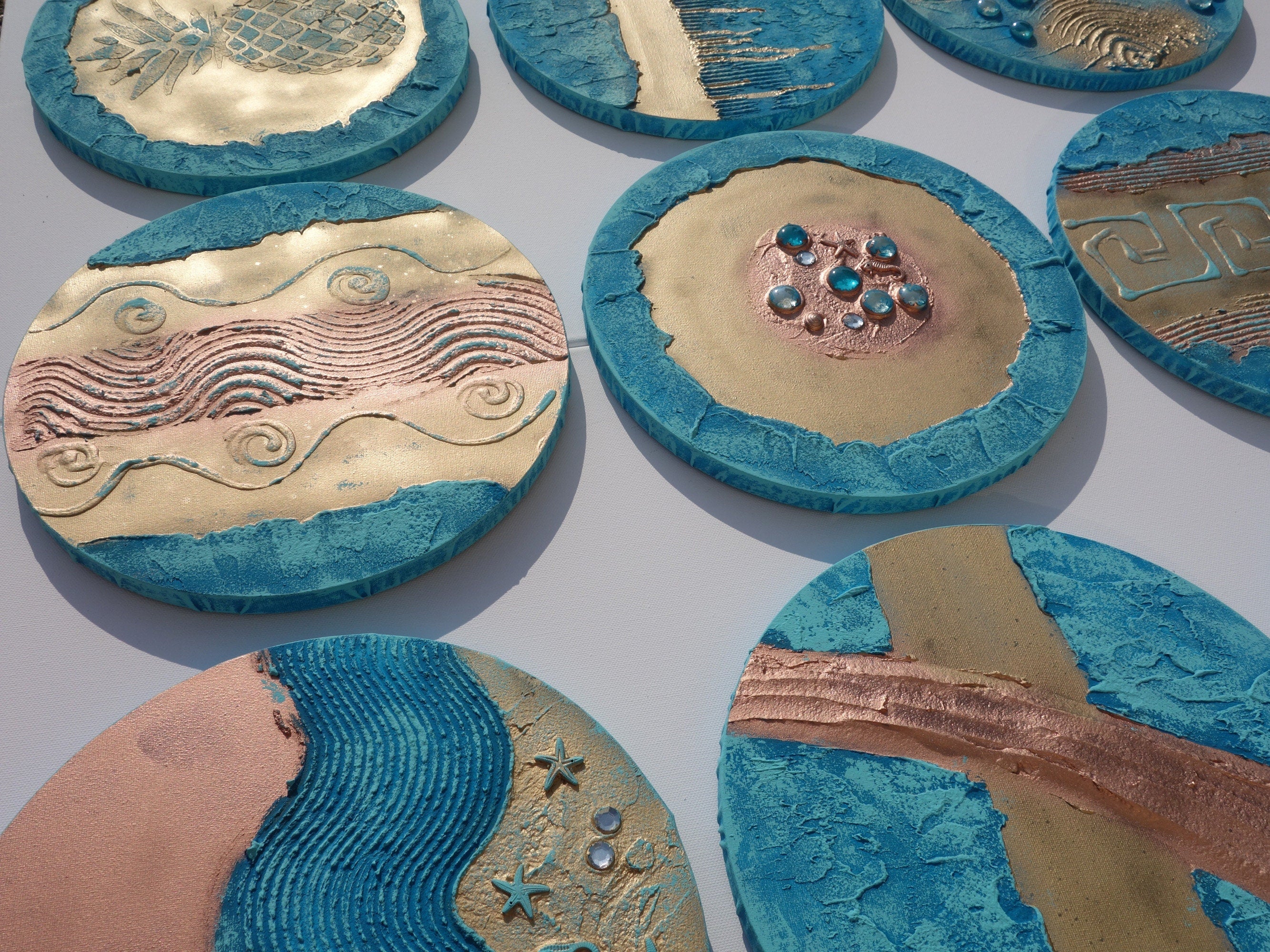 Gold Blue Abstract Painting A290 - Set of 9 Original Textured round Paintings by Ksavera