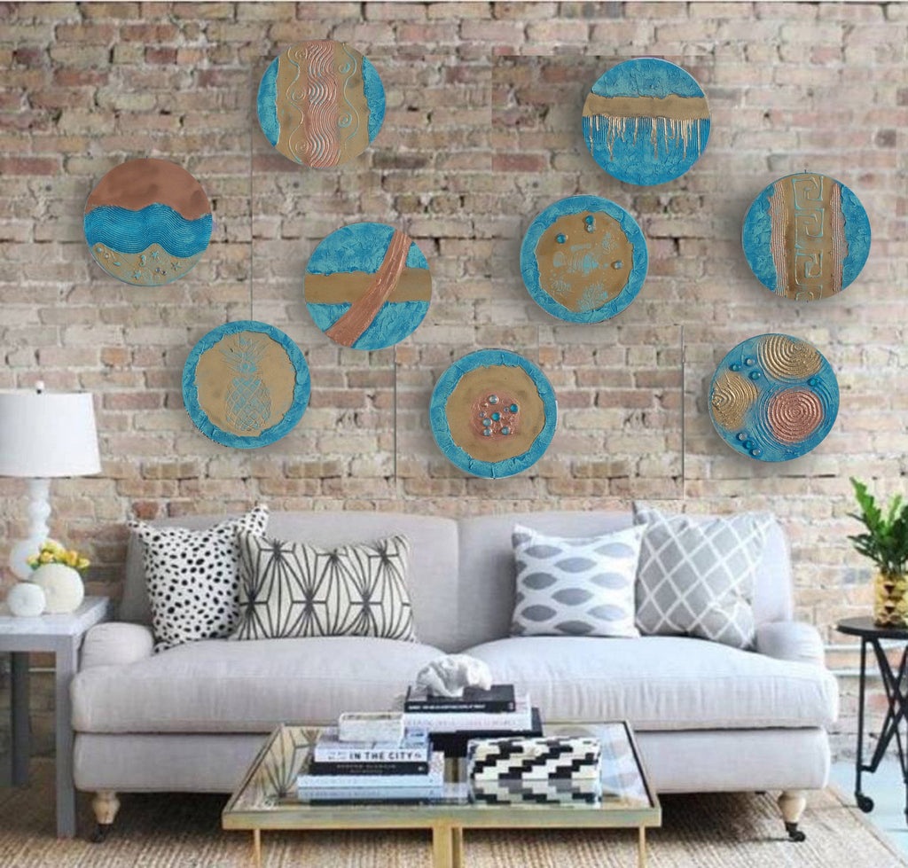 Gold Blue Abstract Painting A290 - Set of 9 Original Textured round Paintings by Ksavera