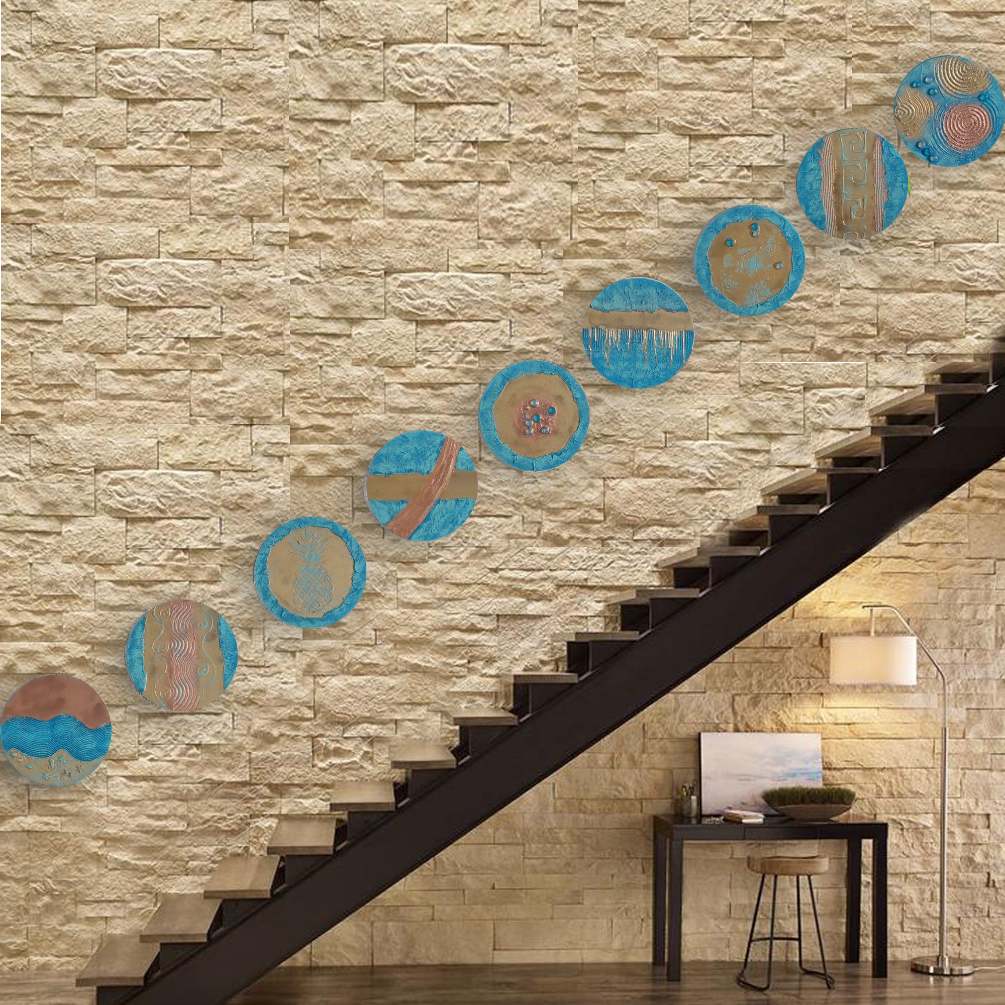 Gold Blue Abstract Painting A290 - Set of 9 Original Textured round Paintings by Ksavera