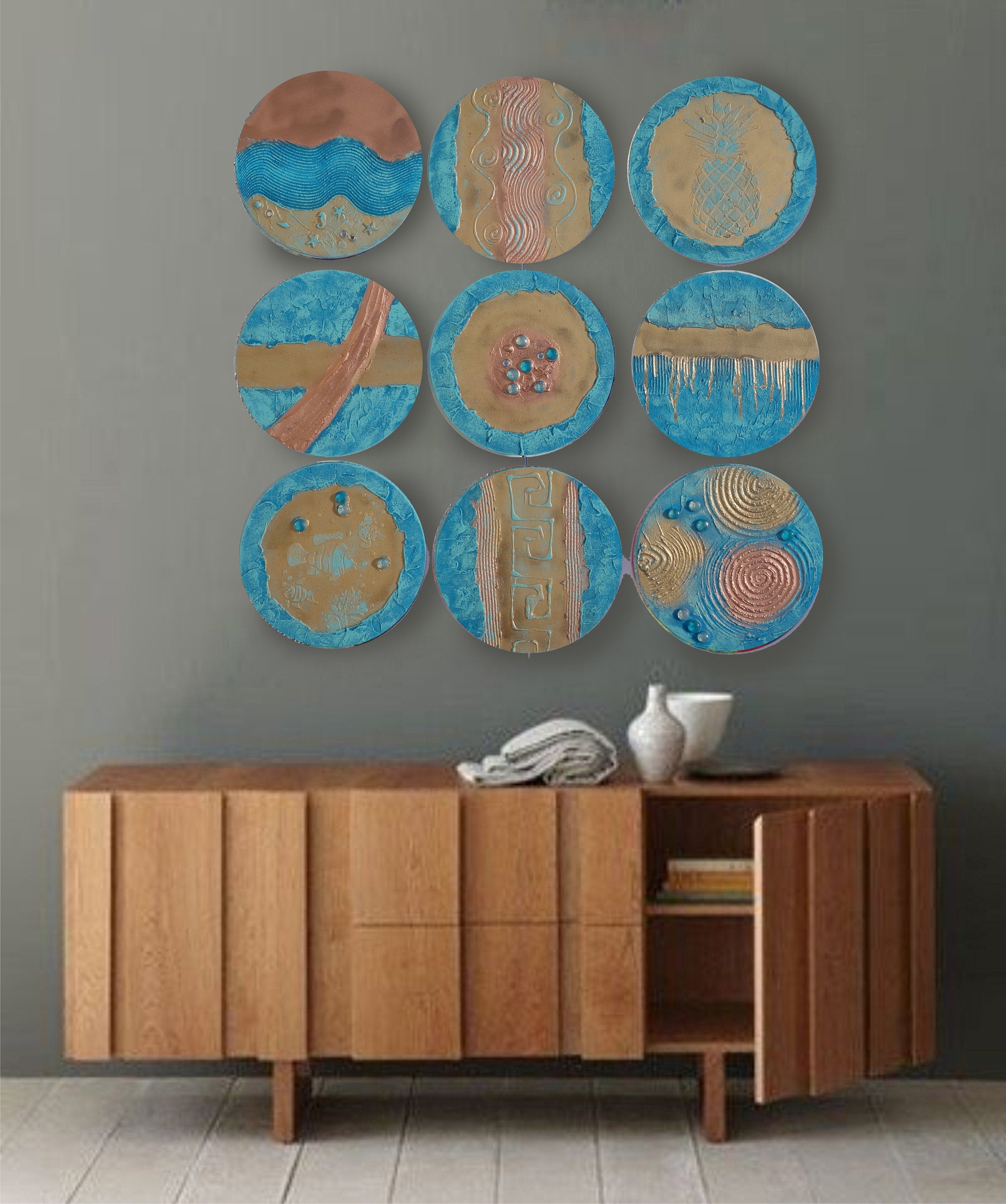Gold Blue Abstract Painting A290 - Set of 9 Original Textured round Paintings by Ksavera