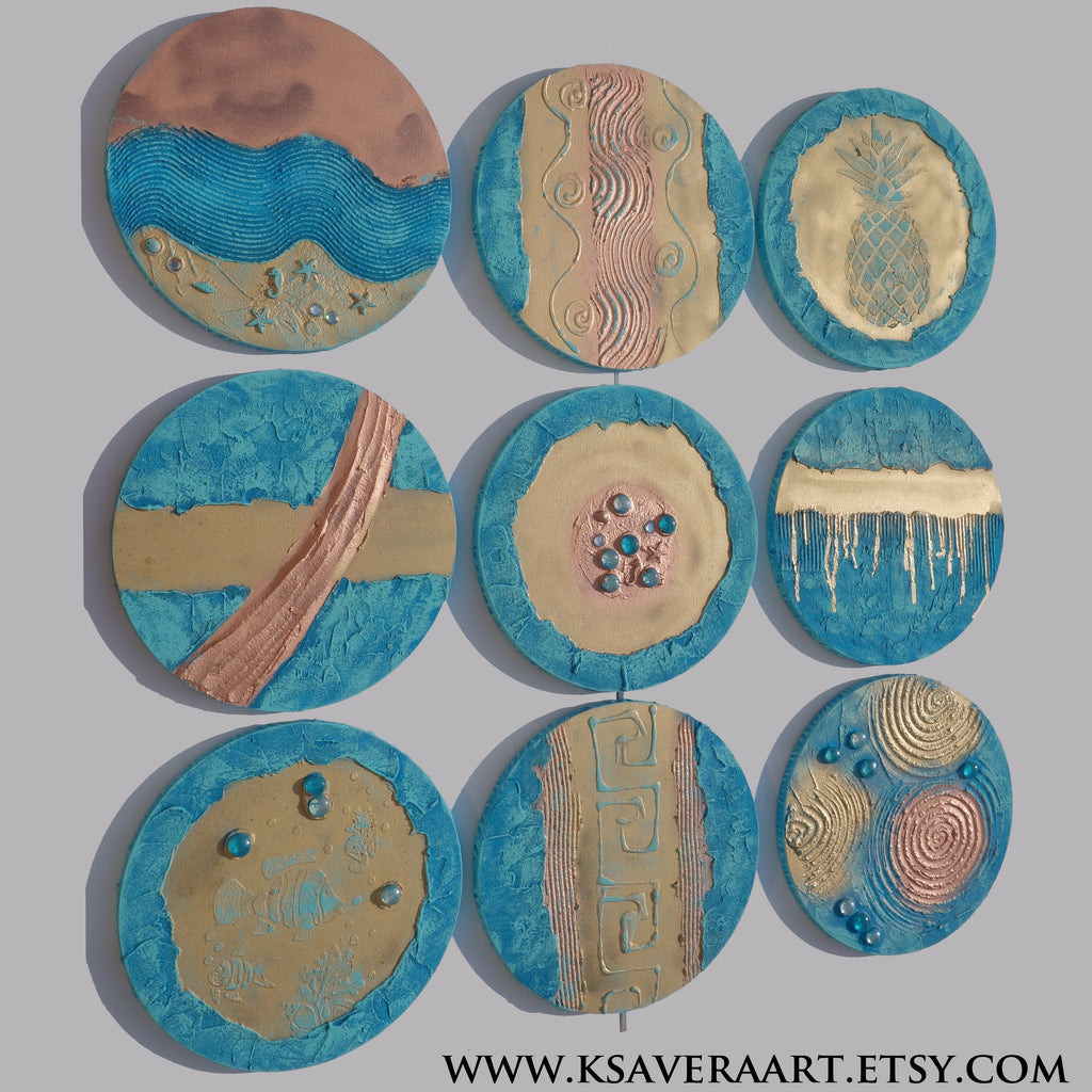 Gold Blue Abstract Painting A290 - Set of 9 Original Textured round Paintings by Ksavera