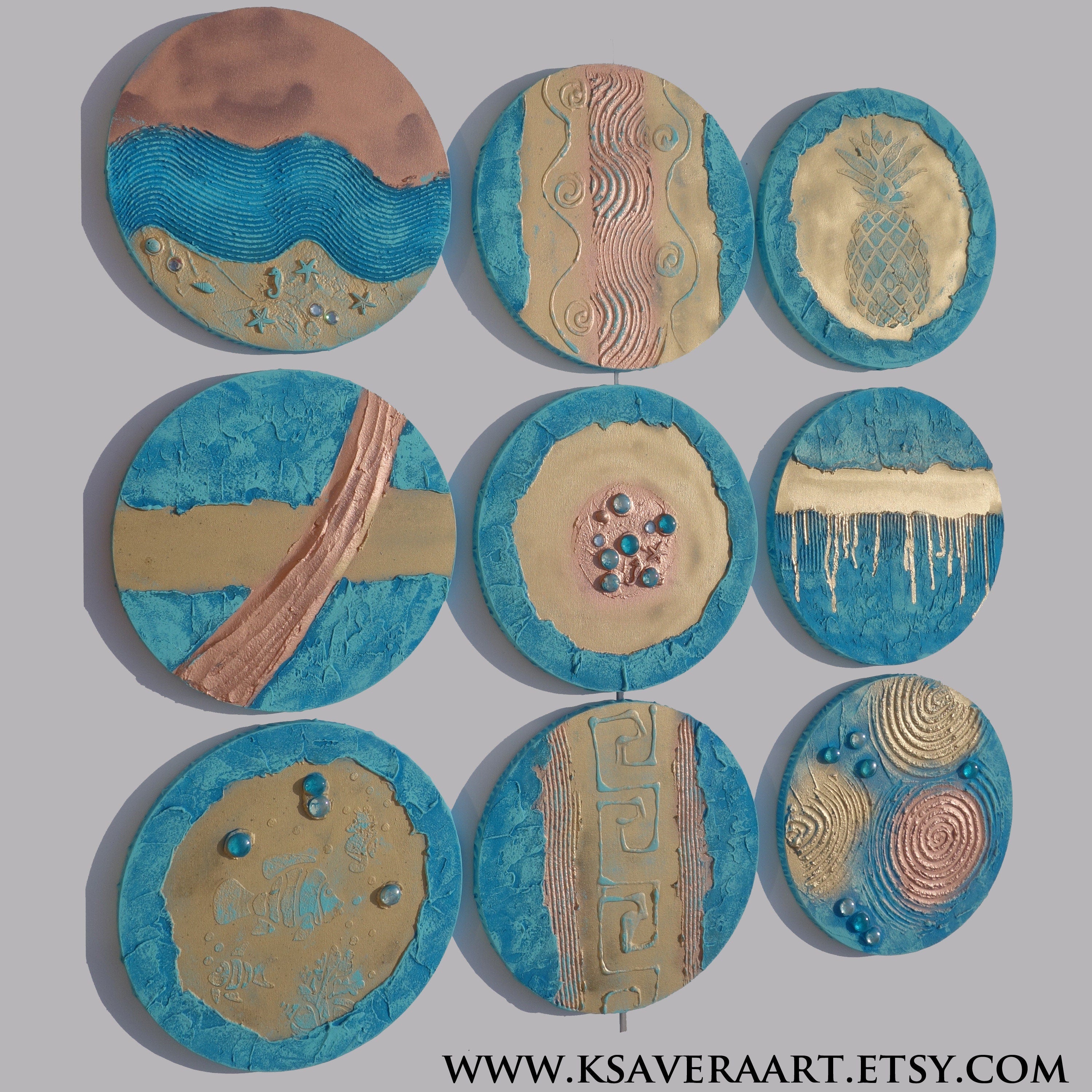 Gold Blue Abstract Painting A290 - Set of 9 Original Textured round Paintings by Ksavera