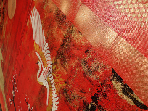 Japanese crane J118 red diptych - original painting by artist Ksavera