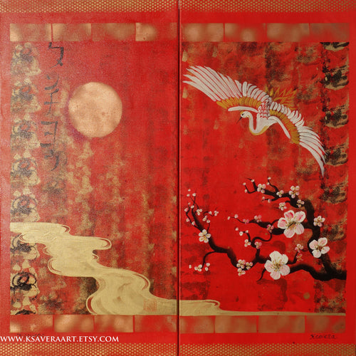 Japanese crane J118 red diptych - original painting by artist Ksavera