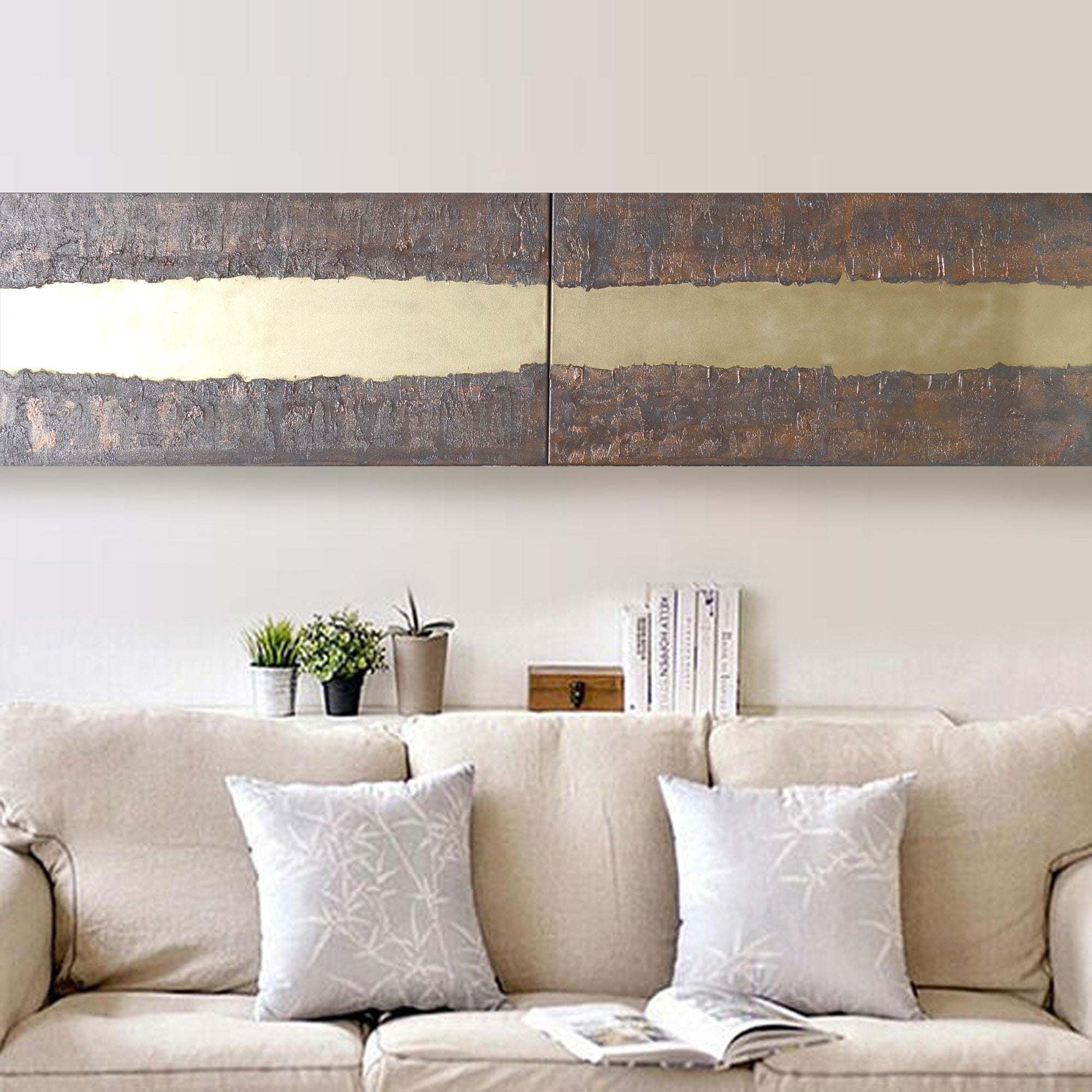 Gold rusty Paintings “Abstract A338” — Textured Long Diptych by Ksavera