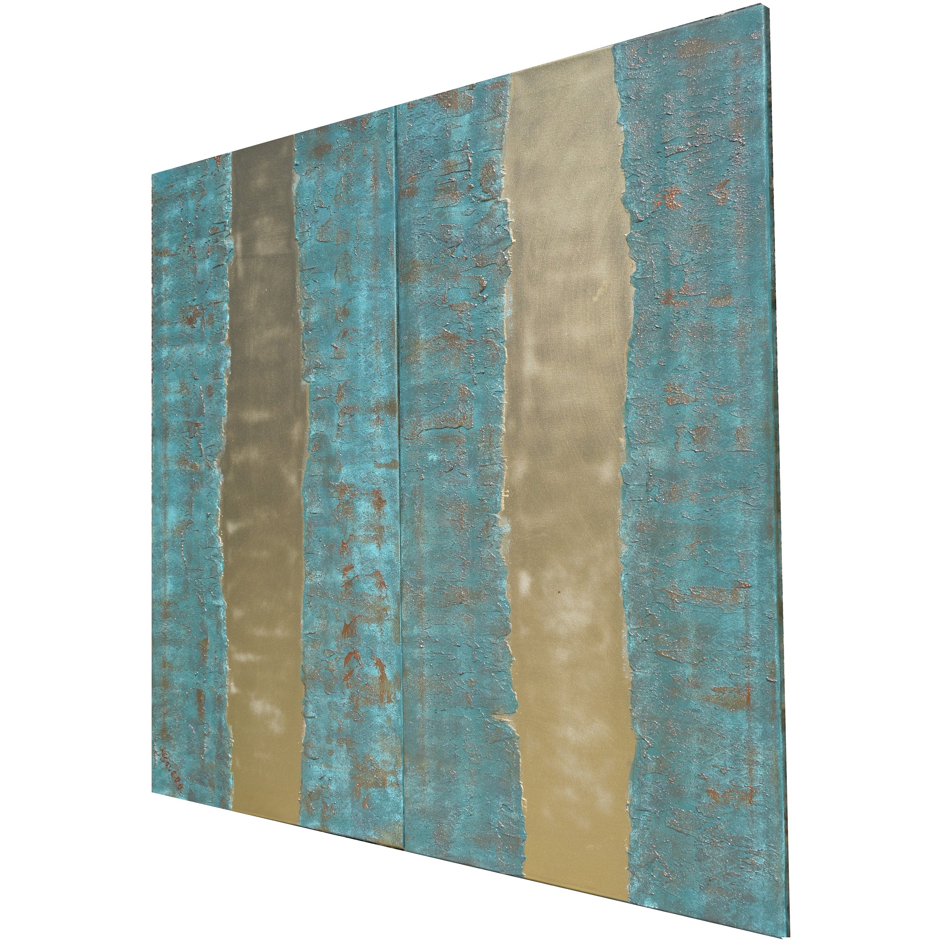 Peintures à patine dorée « Abstrait A342 » — Diptyque allongé texturé de Ksavera