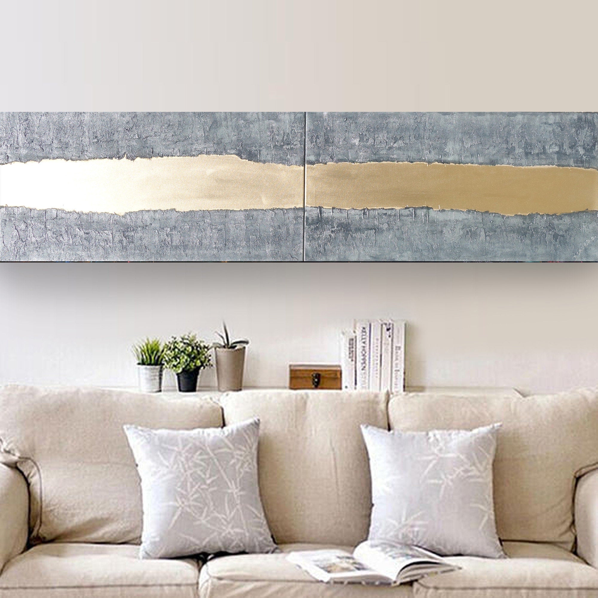 Gold Steel Paintings “Abstract A244” — Textured Long Diptych
Original Acrylic Painting on Stretched Canvas by Artist Ksavera