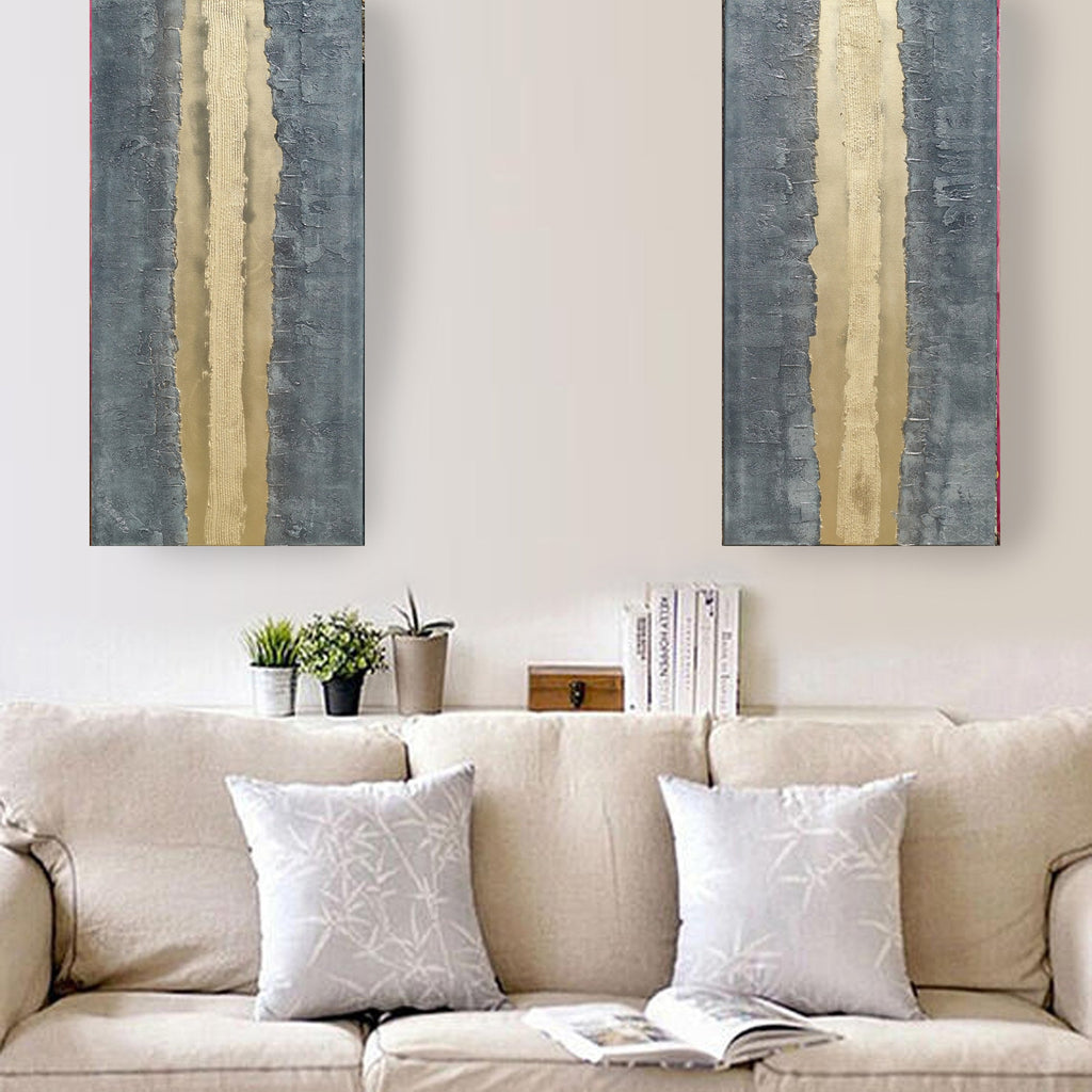 Peintures sur fer doré « Abstrait A337 » — Diptyque allongé texturé de Ksavera