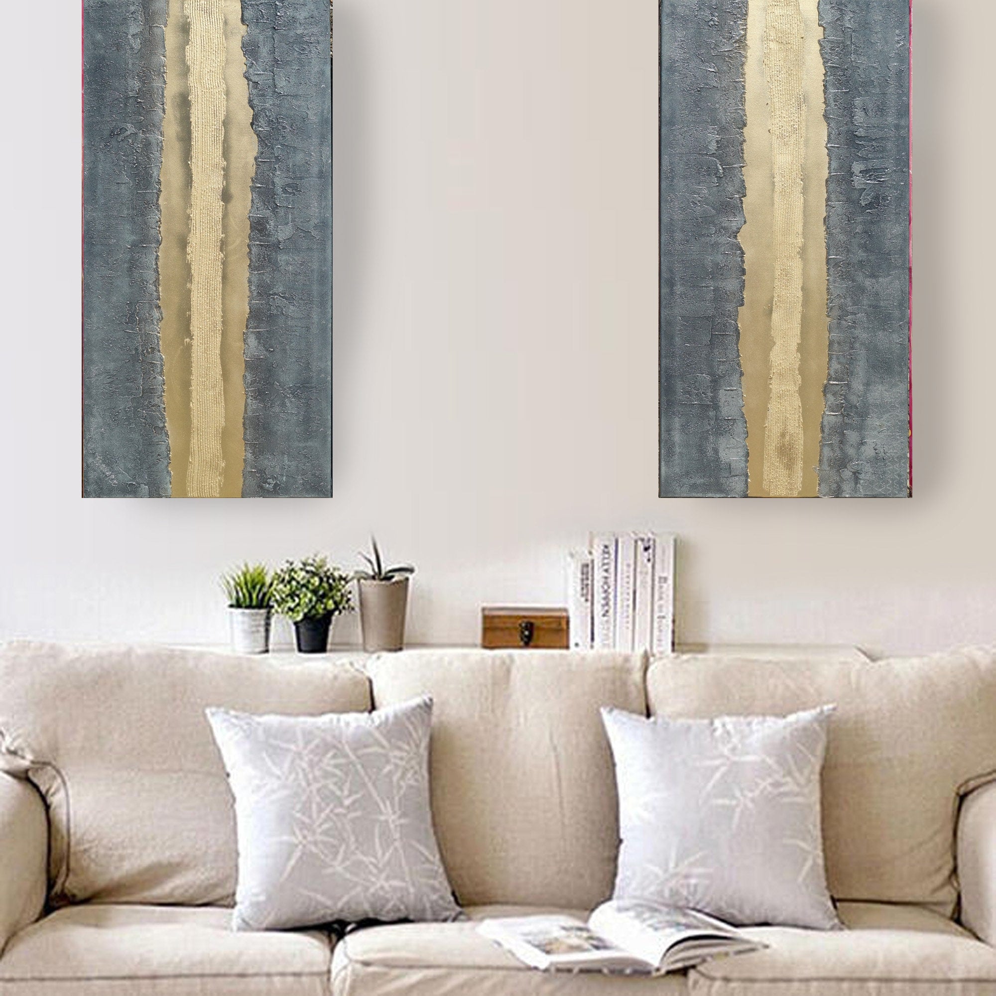 Peintures sur fer doré « Abstrait A337 » — Diptyque allongé texturé de Ksavera