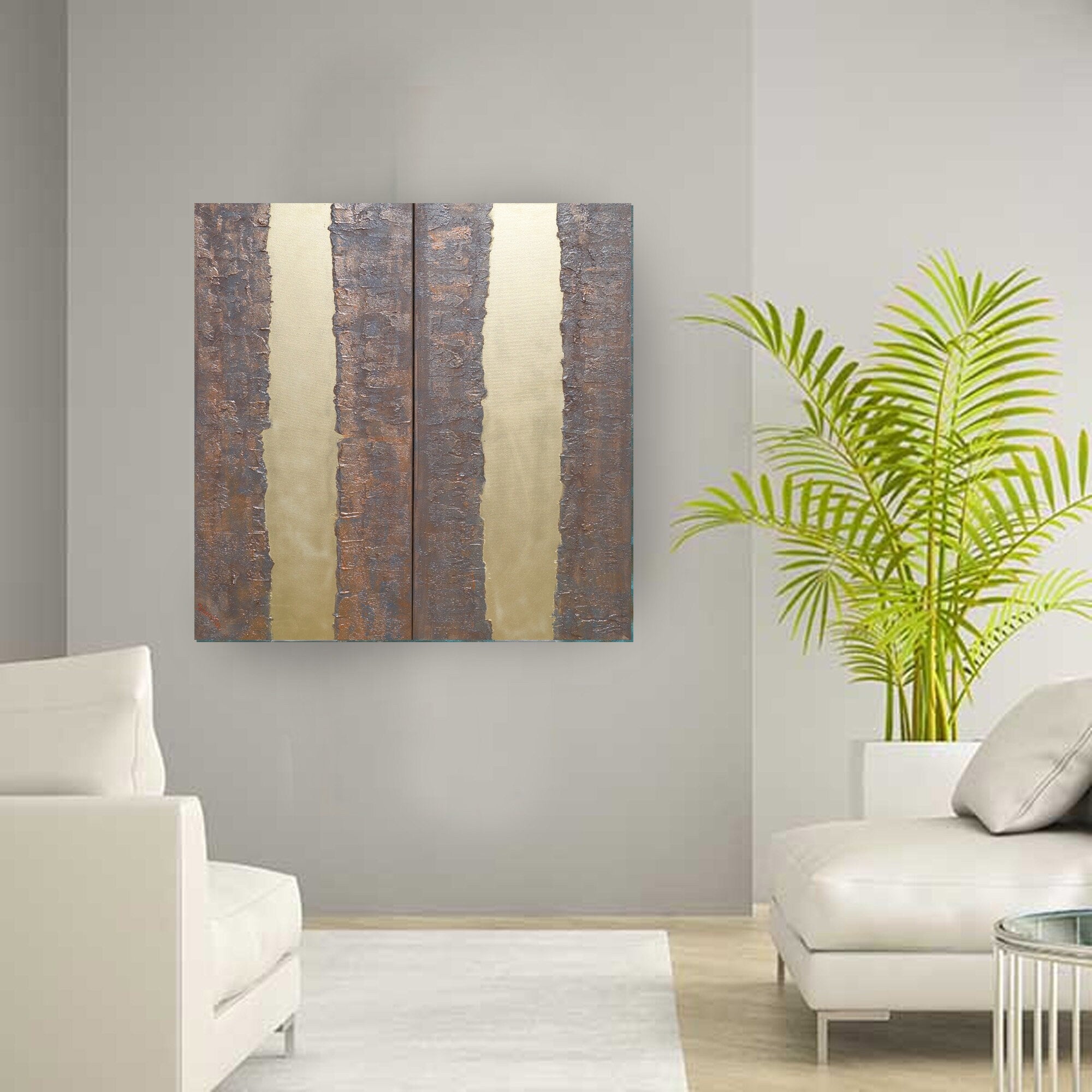 Gold rusty Paintings “Abstract A338” — Textured Long Diptych by Ksavera