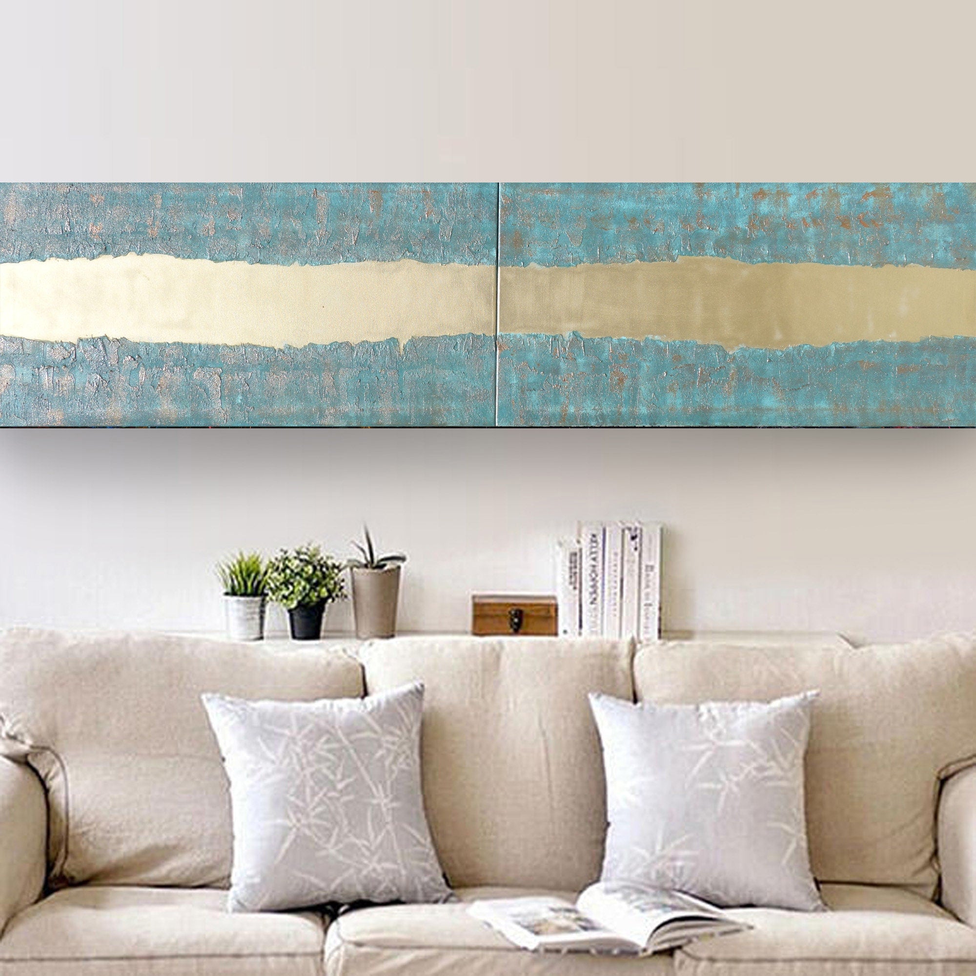 Peintures à patine dorée « Abstrait A342 » — Diptyque allongé texturé de Ksavera