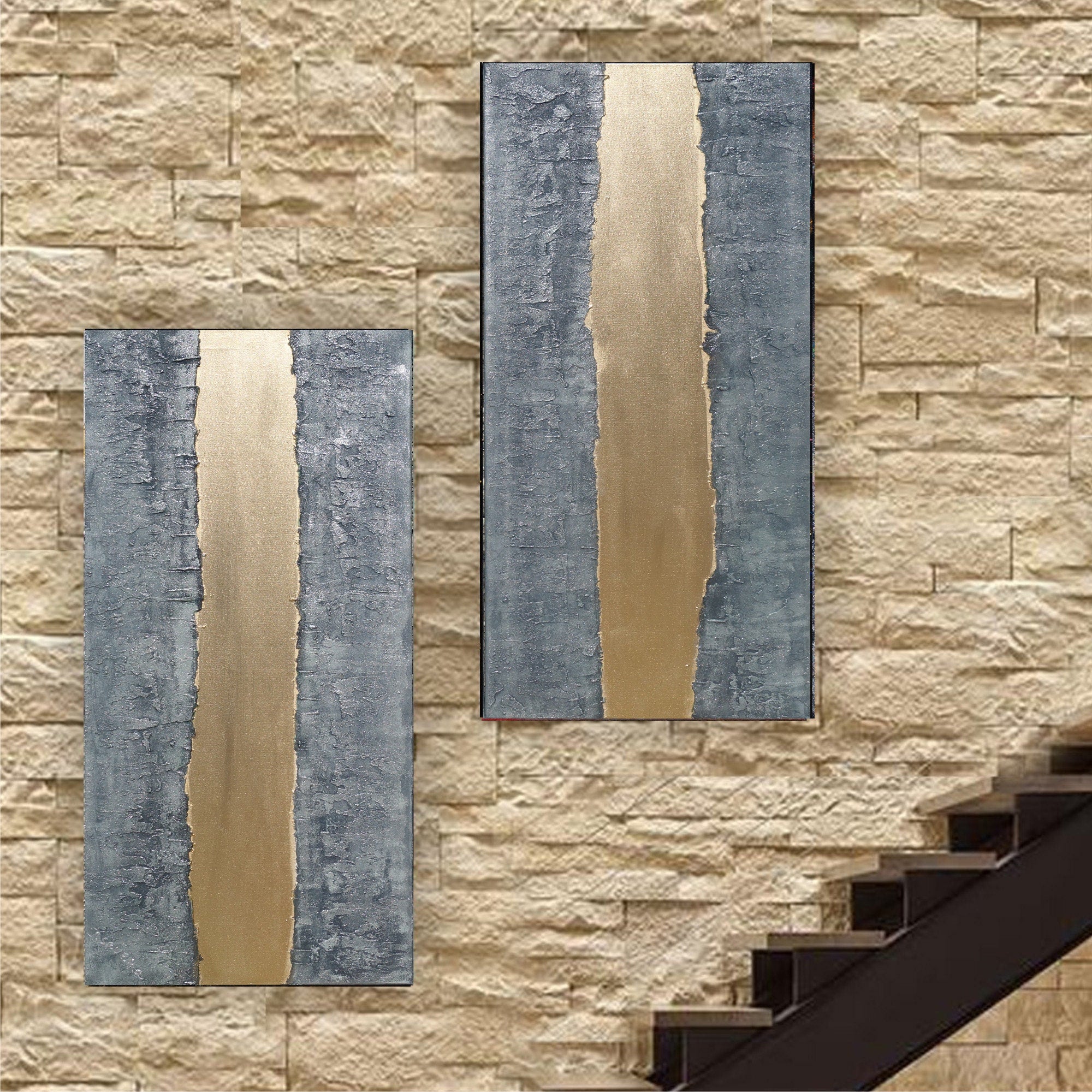 Gold Steel Paintings “Abstract A244” — Textured Long Diptych
Original Acrylic Painting on Stretched Canvas by Artist Ksavera