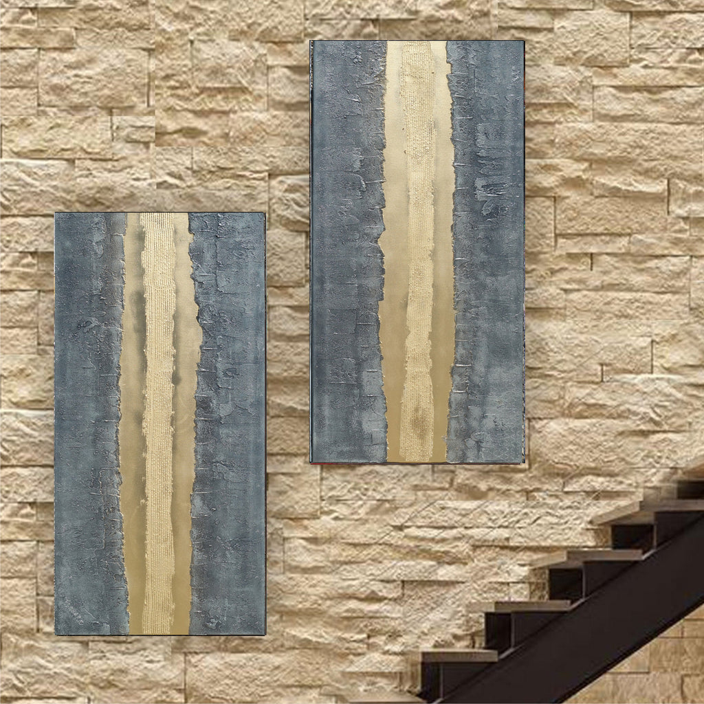 Peintures sur fer doré « Abstrait A337 » — Diptyque allongé texturé de Ksavera