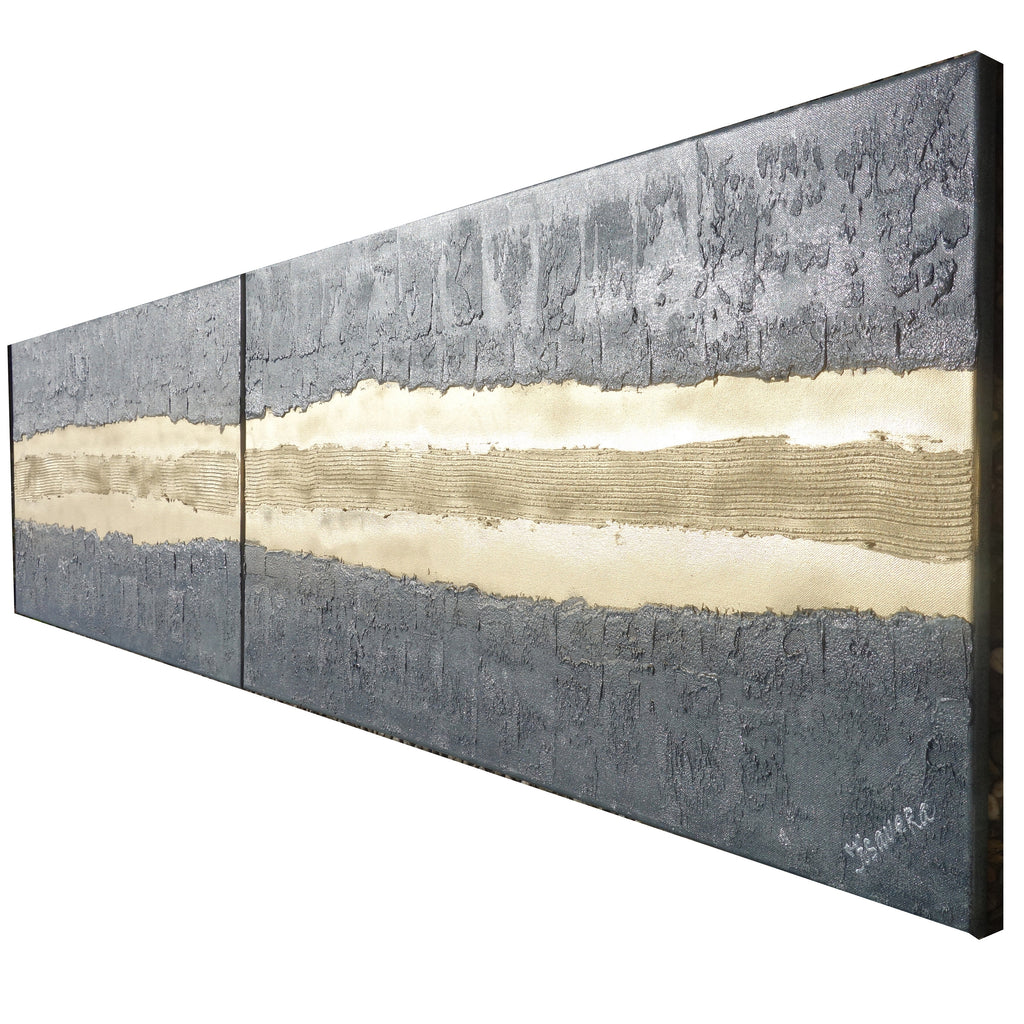 Peintures sur fer doré « Abstrait A337 » — Diptyque allongé texturé de Ksavera