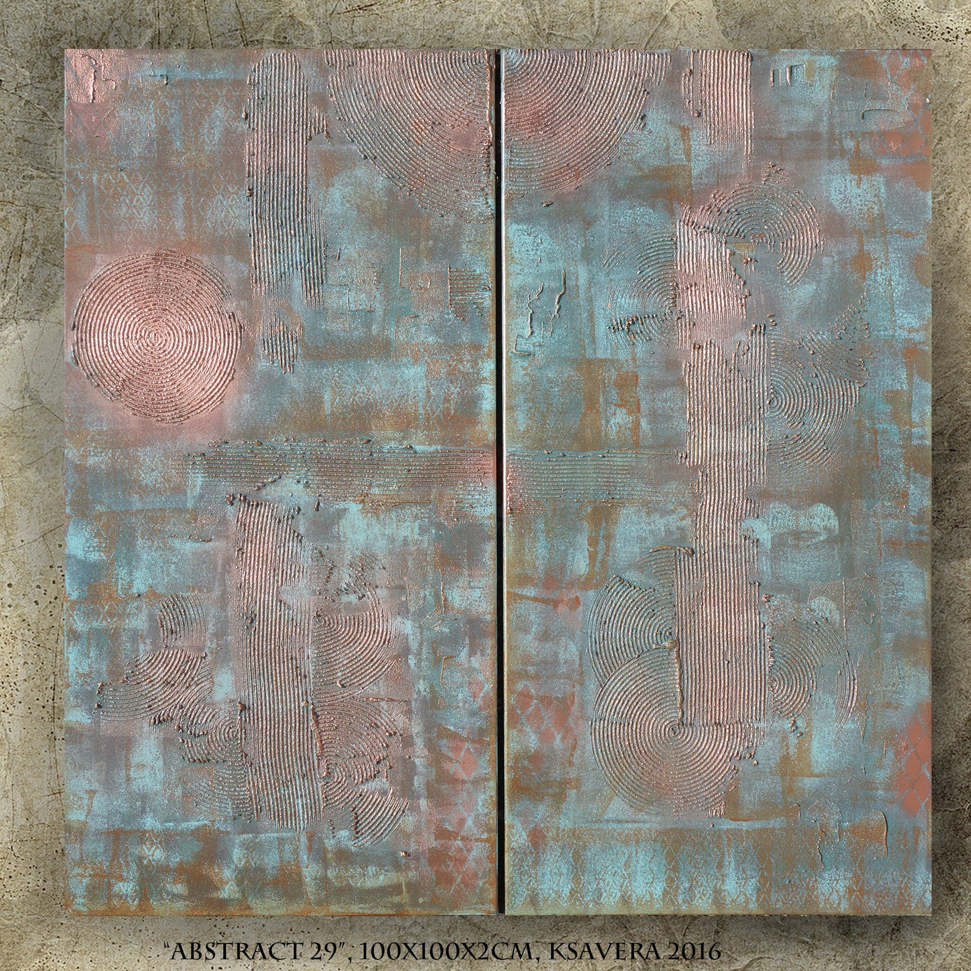 Copper patina Paintings “Abstract A029” - Textured Long Diptych by Ksavera