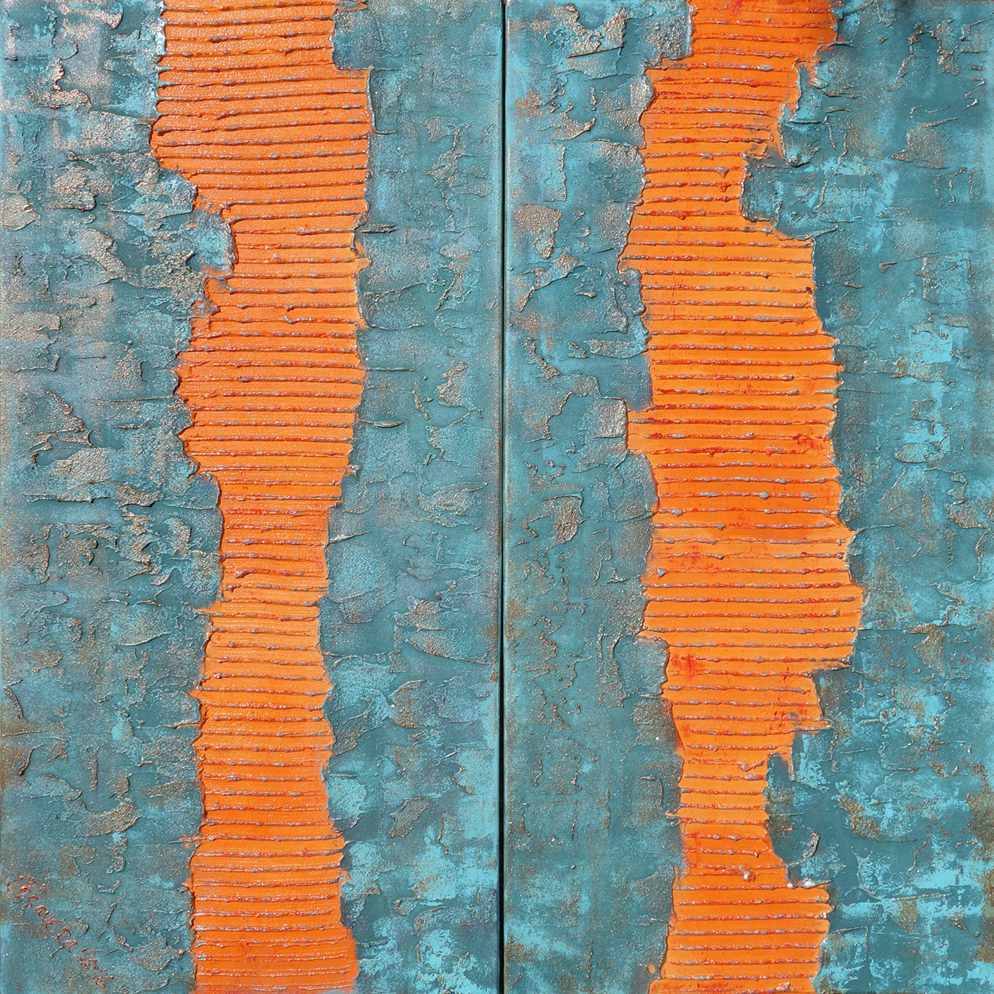 Copper patina orange Paintings “Abstract A044” - Textured Long Diptych by Ksavera